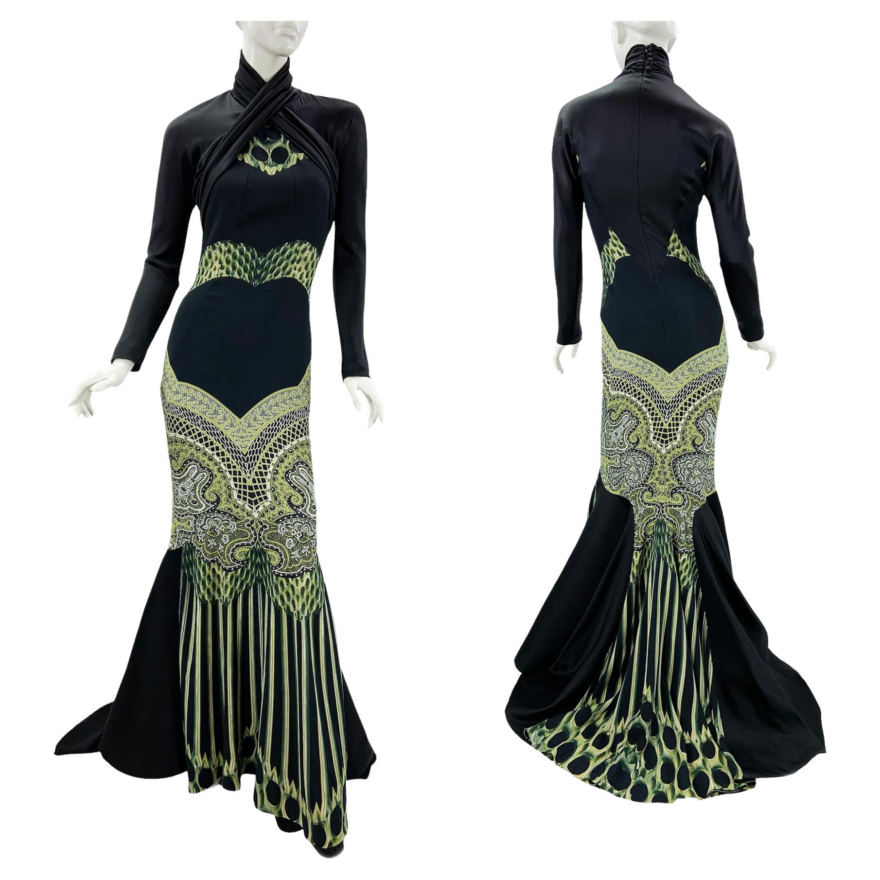Etro Black Green Paisley Print Stretch Turtleneck Dress Gown Italian 40 For Sale