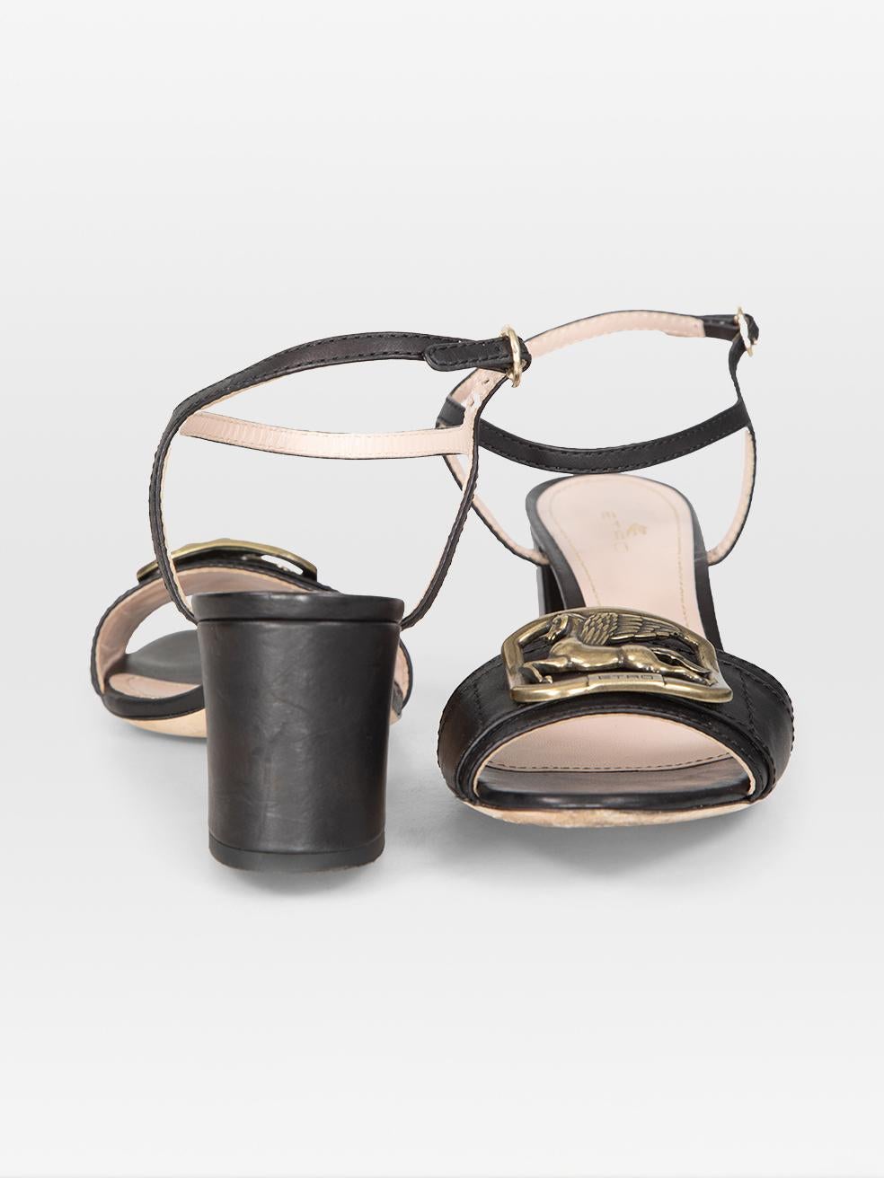 Noir Etro - Sandales à talon en cuir noir avec logo et boucle - Taille IT 41 en vente