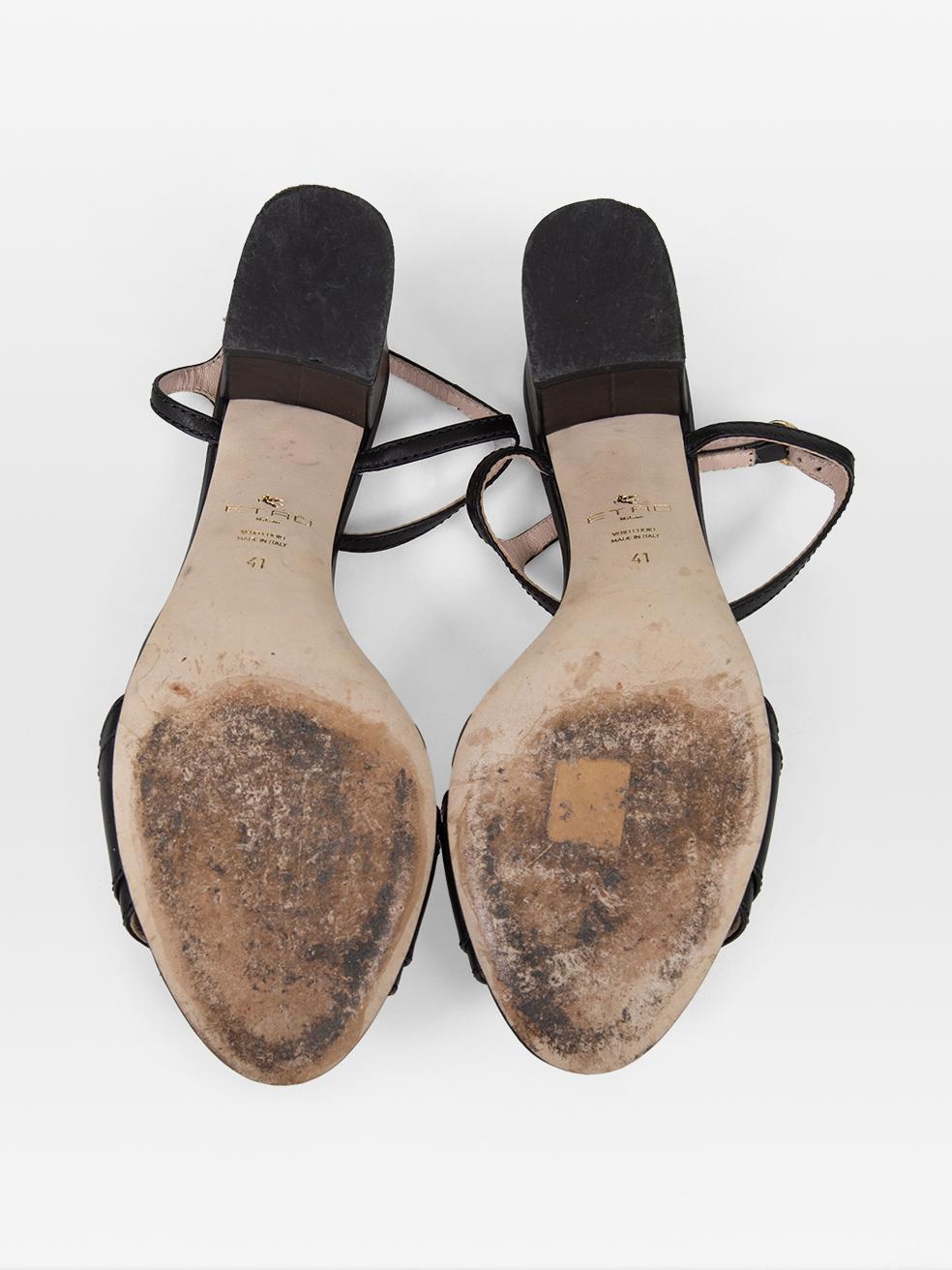 Etro - Sandales à talon en cuir noir avec logo et boucle - Taille IT 41 Excellent état - En vente à London, GB