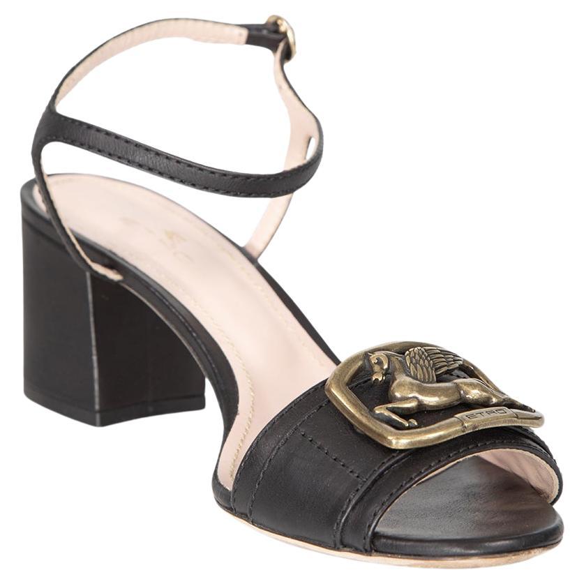 Etro - Sandales à talon en cuir noir avec logo et boucle - Taille IT 41 en vente