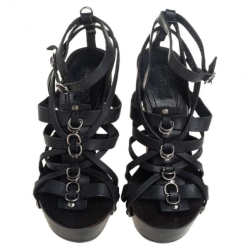 Etro Black Leather Strappy Platform Ankle Strap Sandals Size 39 In Fair Condition For Sale In Dubai, Al Qouz 2