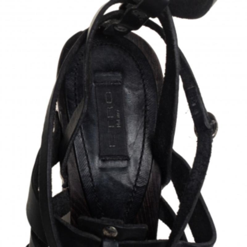 Etro Black Leather Strappy Platform Ankle Strap Sandals Size 39 For Sale 1