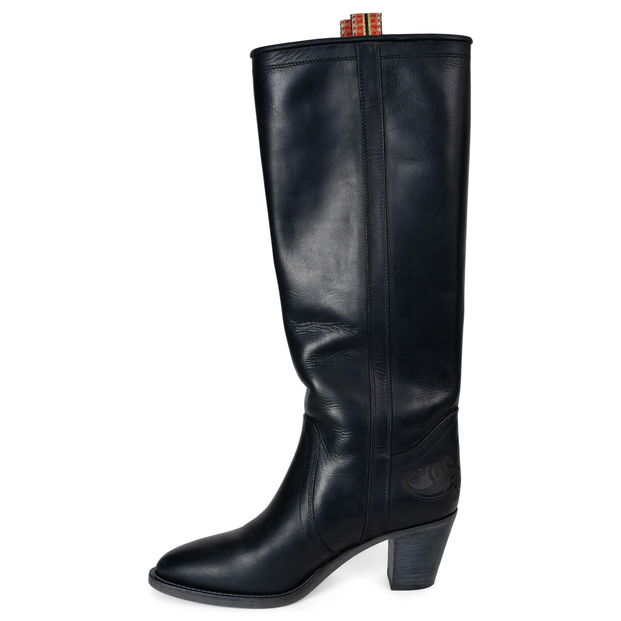 Black ETRO black leather WESTERN CARVING Cowboy Boots Shoes 38 For Sale