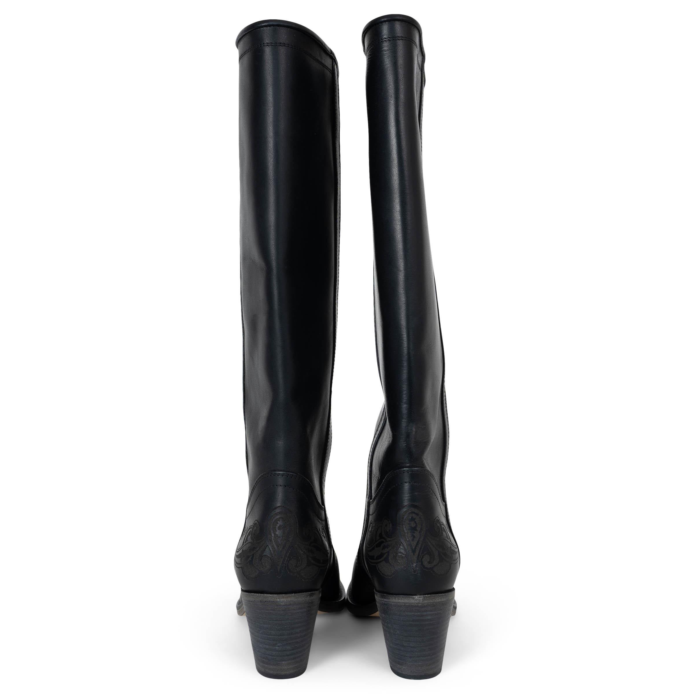 ETRO black leather WESTERN CARVING Cowboy Boots Shoes 38 In New Condition For Sale In Zürich, CH