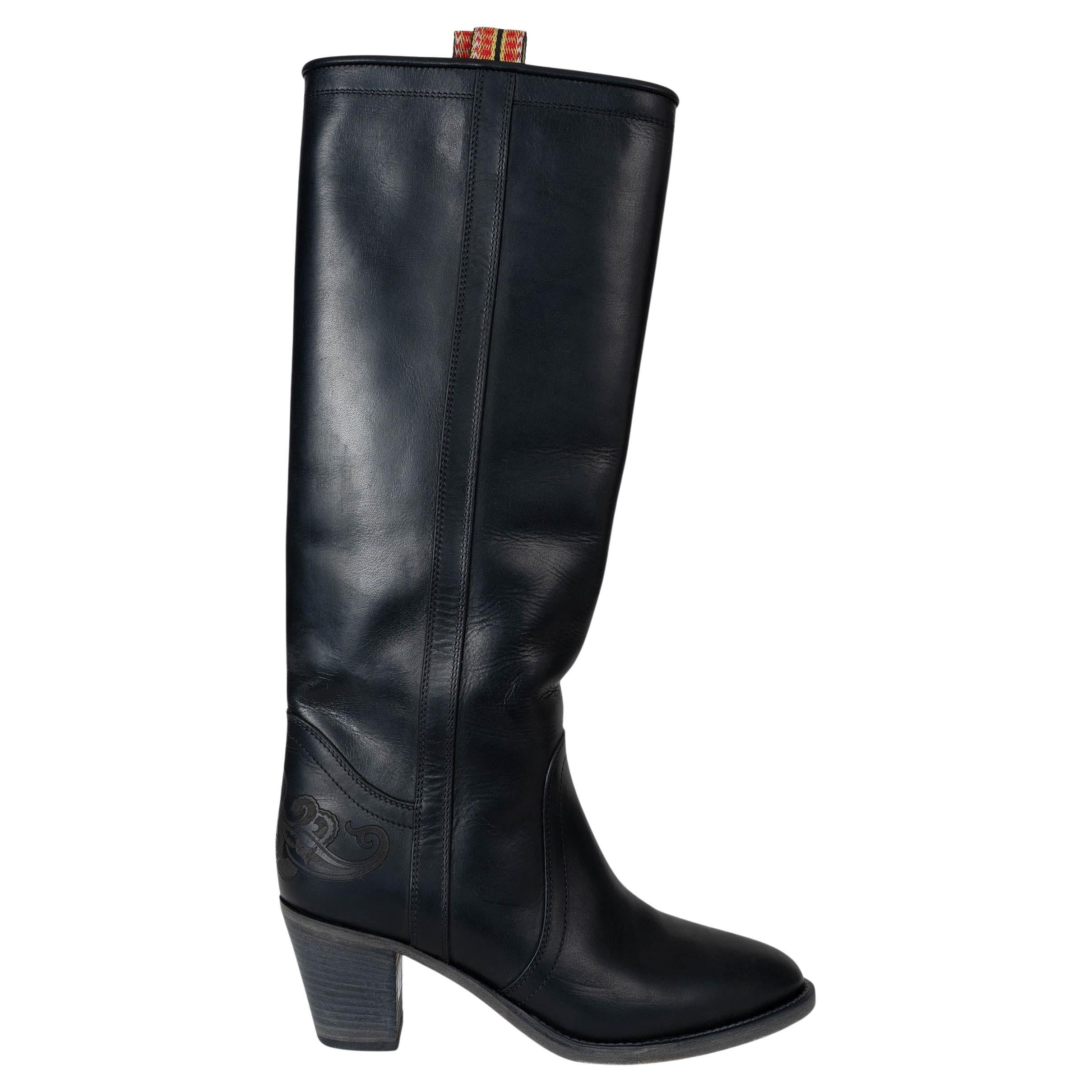 ETRO black leather WESTERN CARVING Cowboy Boots Shoes 38 For Sale