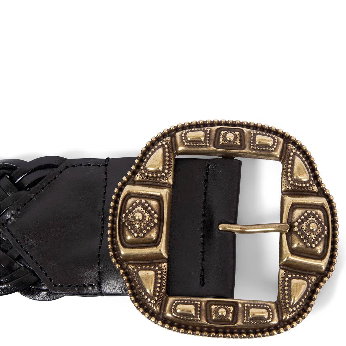 Black ETRO black leather WIDE WOVEN WESTERN Belt 85 For Sale