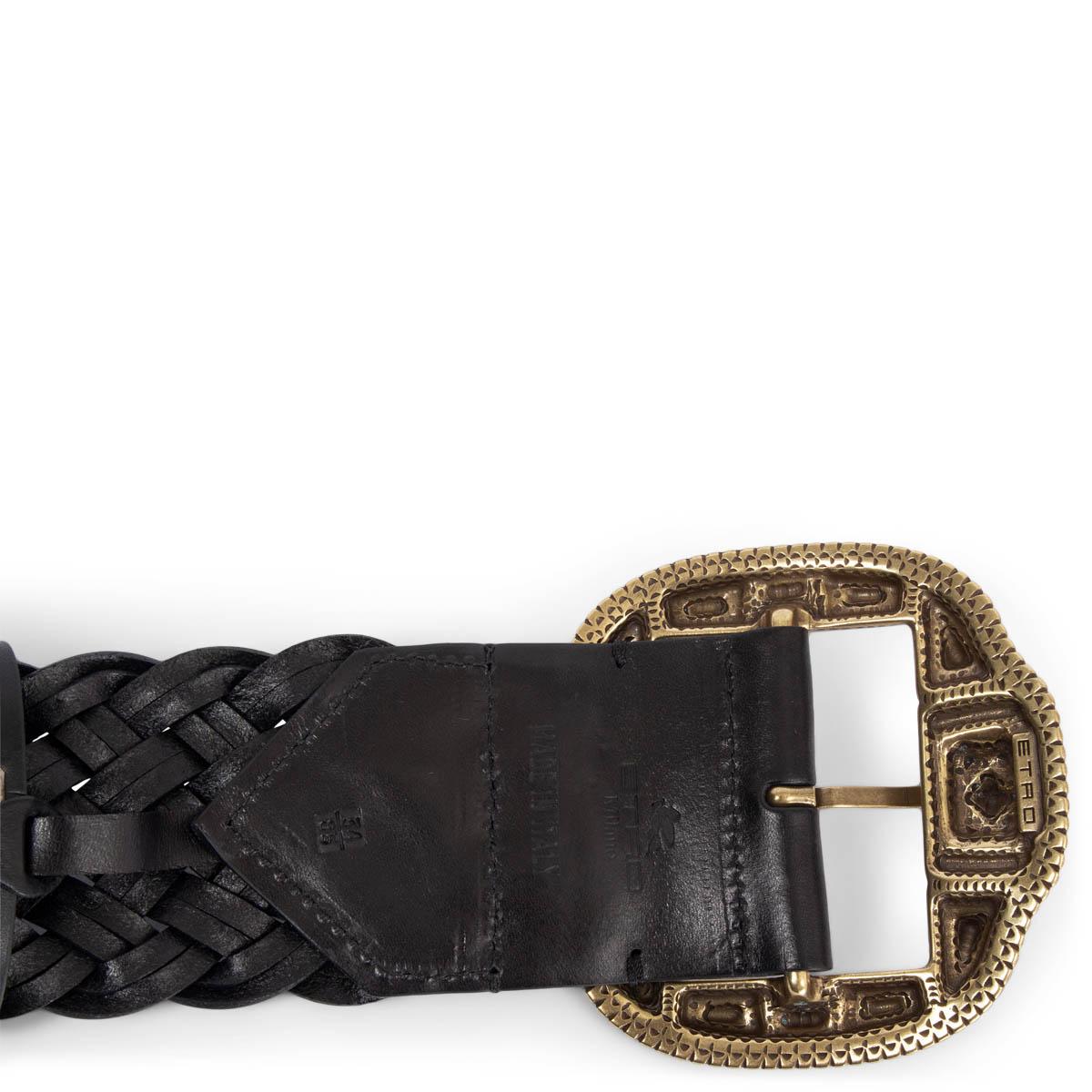 ETRO black leather WIDE WOVEN WESTERN Belt 85 In Excellent Condition For Sale In Zürich, CH