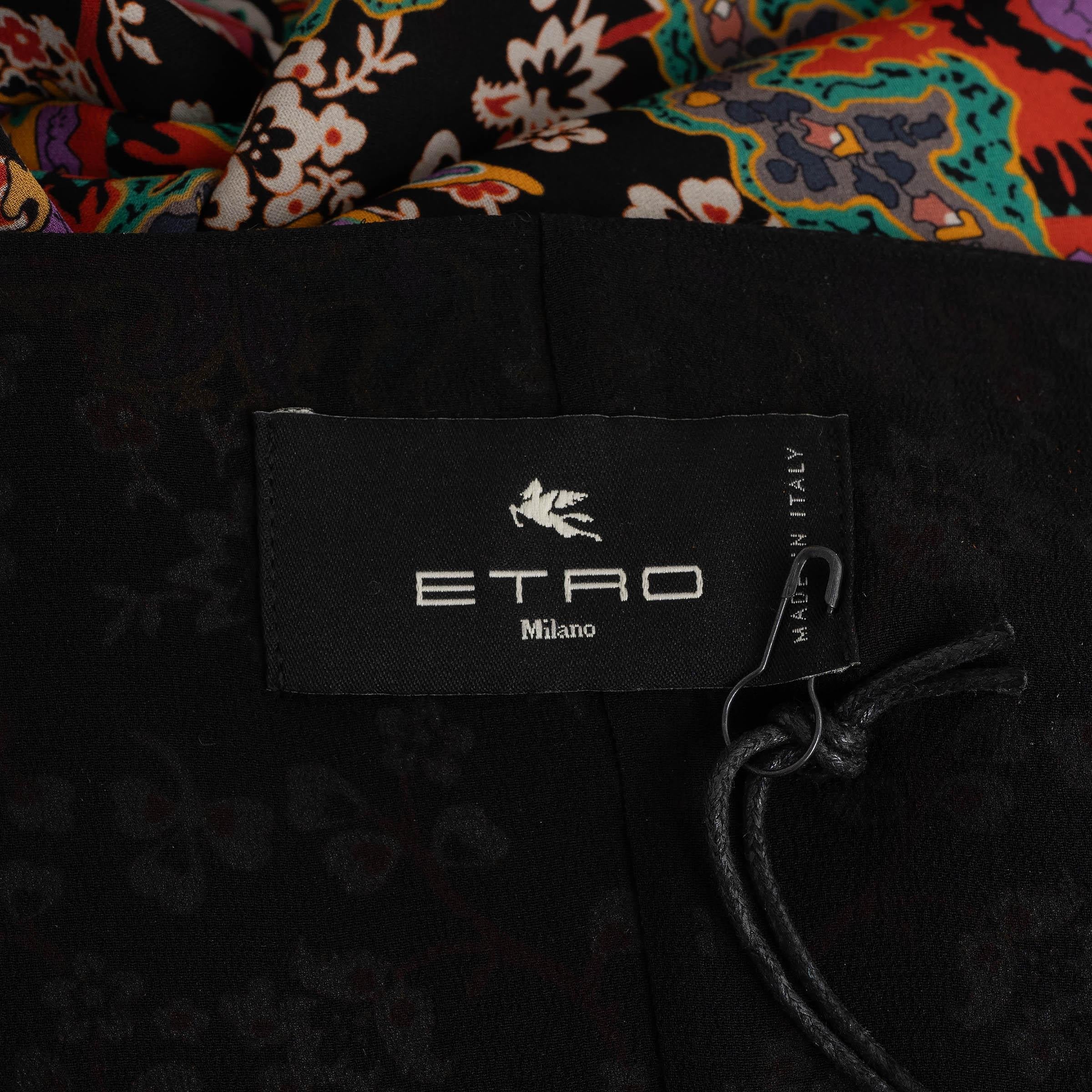 ETRO soie noire et multiple 2021 MONTEREY PAISLEY CHIFFON MAXI Robe 44 L en vente 1