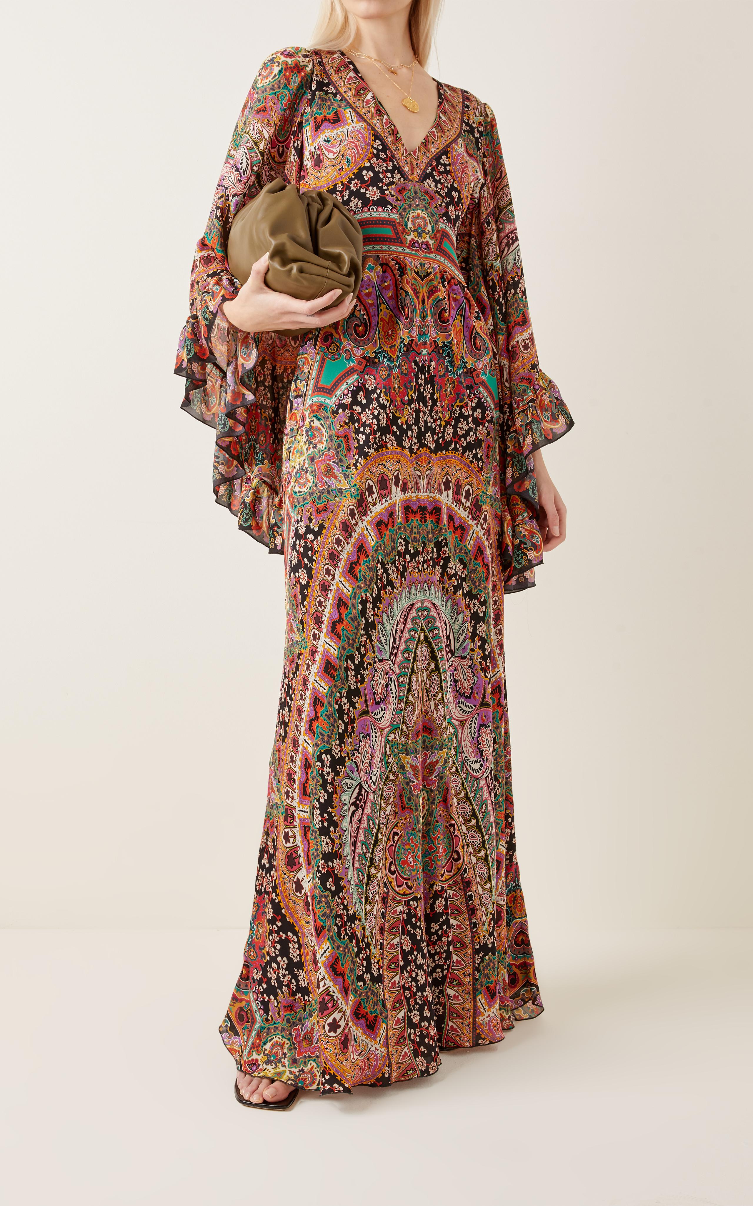 ETRO soie noire et multiple 2021 MONTEREY PAISLEY CHIFFON MAXI Robe 44 L en vente 2