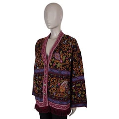 Etro maglione cardigan nero e multi lana 2020 FRINGED FLORAL JACQUARD 44 L.