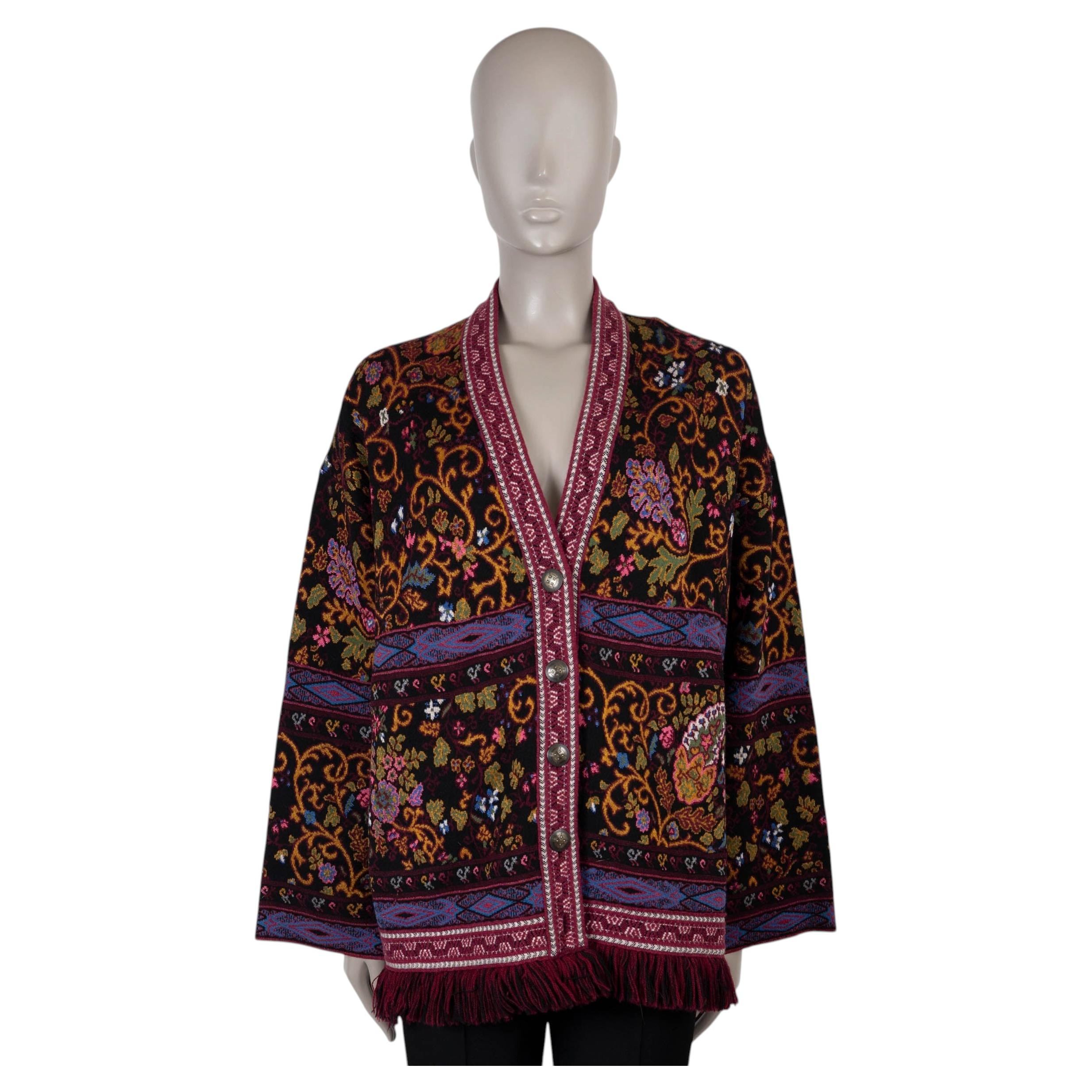 ETRO schwarz & multi Wolle 2020 FRINGED FLORAL JACQUARD Strickjacke Pullover 44 L