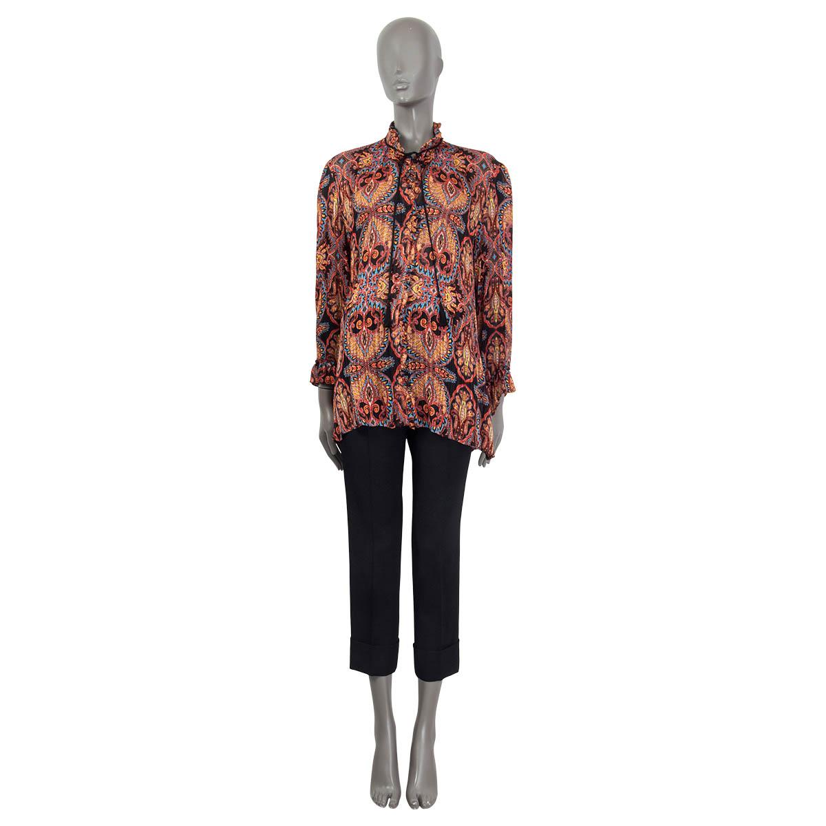 100% authentic Etro paisley printed peasant blouse in black, red, orange, yellow and blue silk (100%, missing tag). Features rouched bell sleeves and a black tasseled tie around the neck. Unlined. Has been worn and is in excellent condition.