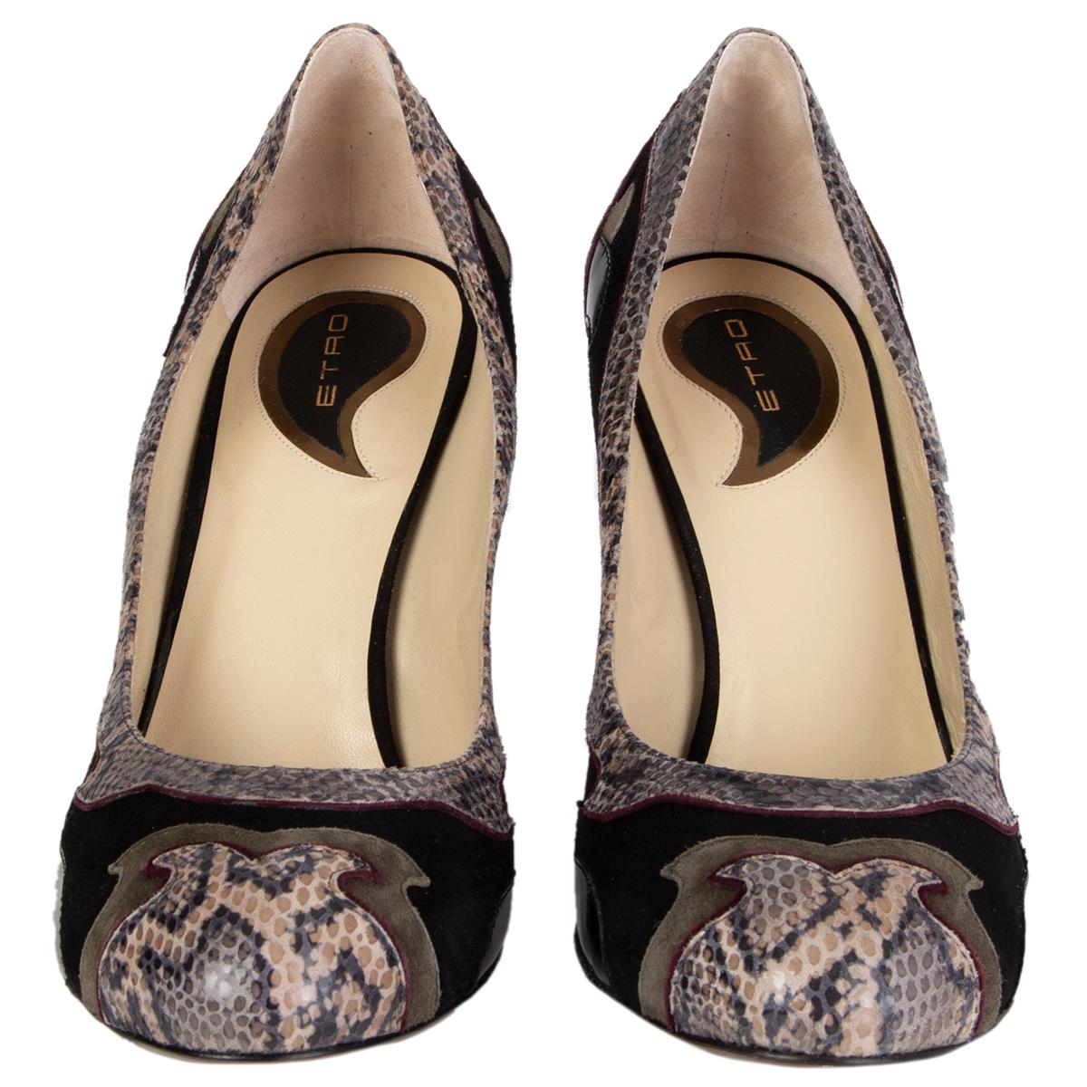 100% authentic Etro round-toe paisley pumps in black, olive green and taupe suede and embossed snakeskin. Dark burgundy suede trimming. Brand new. 

Measurements
Imprinted Size	40
Shoe Size	40
Inside Sole	26.5cm (10.3in)
Width	10cm (3.9in)
Heel	10cm