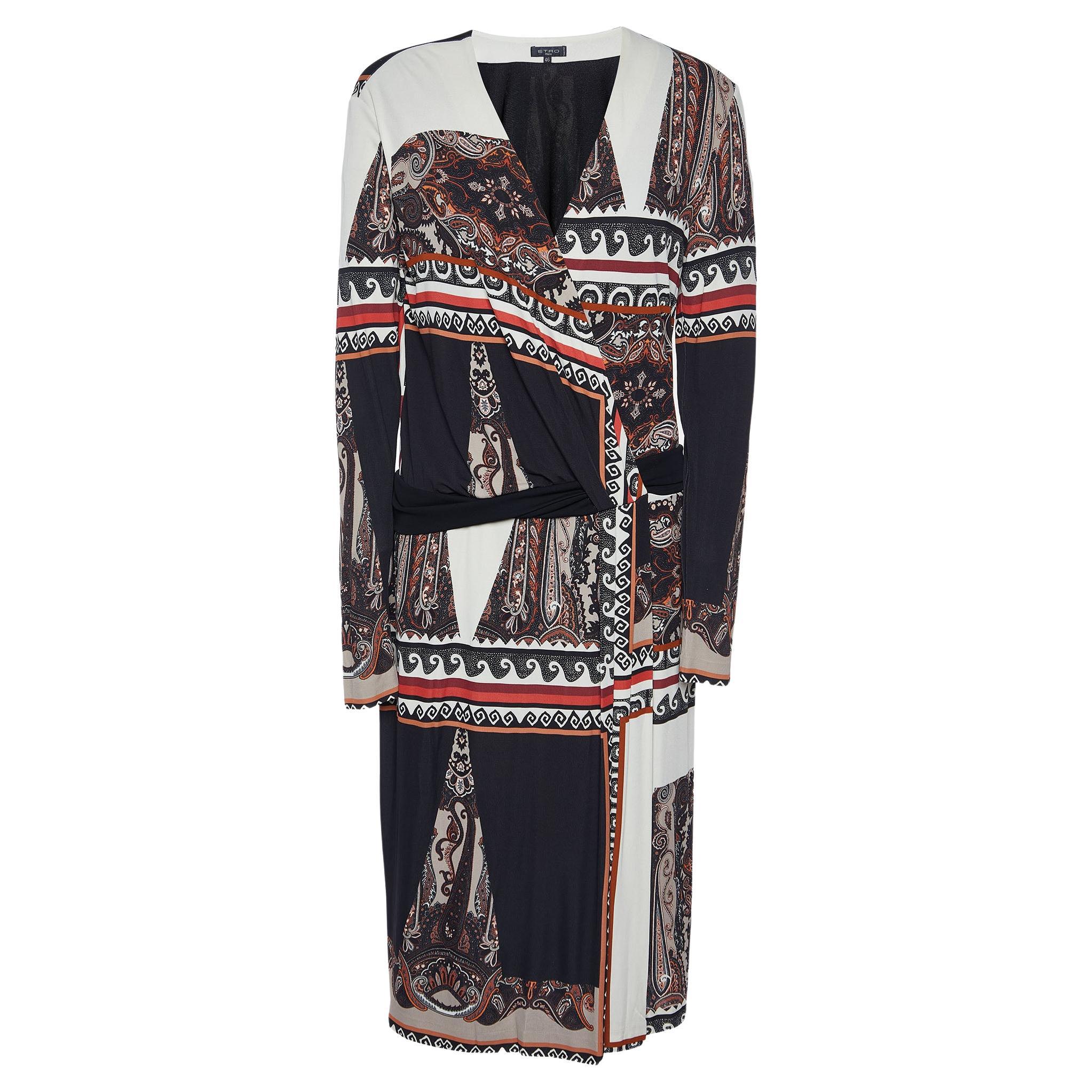 Etro Black Paisley Print Jersey Faux Wrap Midi Dress L For Sale