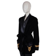 ETRO, schwarze Polyester-Jacke mit Gürtel aus besticktem Samt, Modell 2023, Größe 42 M