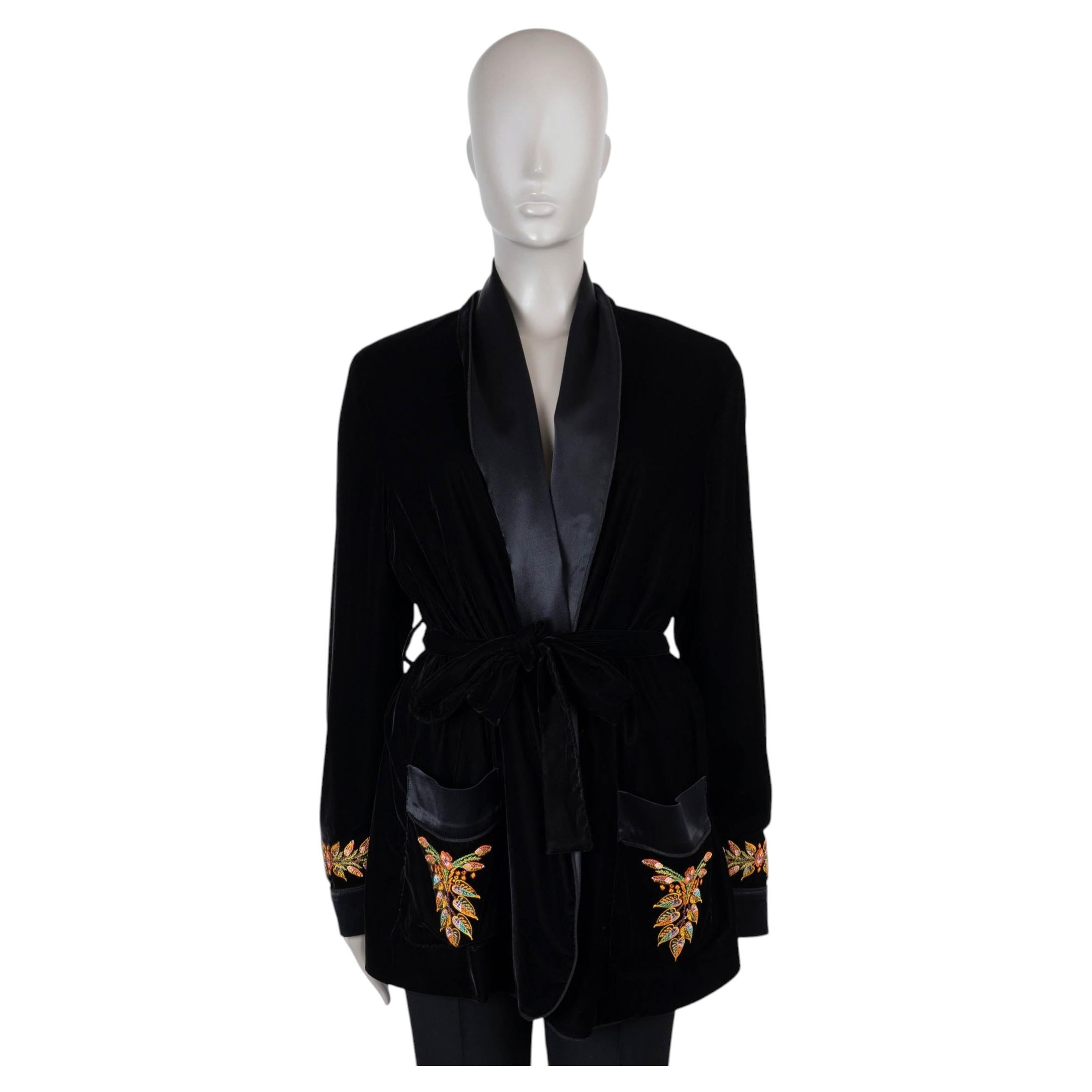 ETRO, schwarze Polyester-Jacke mit Gürtel aus besticktem Samt, Modell 2023, Größe 42 M