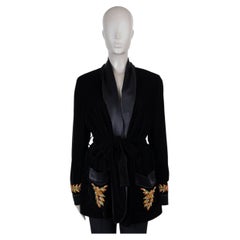 ETRO, schwarze Polyester-Jacke mit Gürtel aus besticktem Samt, Modell 2023, Größe 42 M