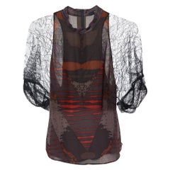 Etro Black Printed Silk & Lace Mock Neck Blouse S
