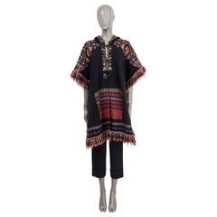 ETRO black & red wool 2017 FRINGED HOODED CAPE Poncho Jacket M