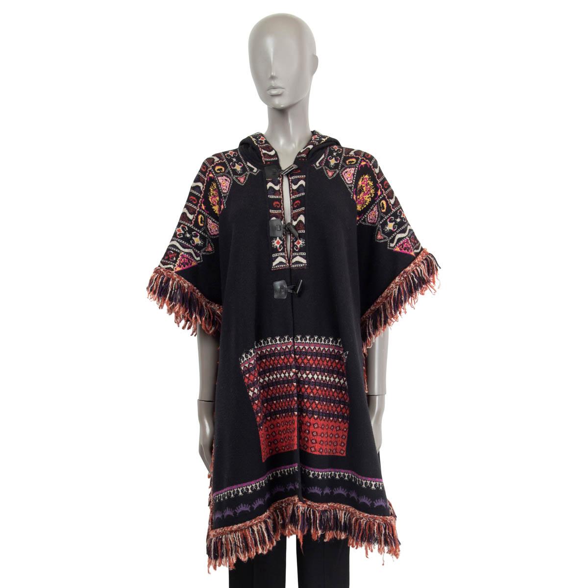 Black ETRO black & red wool 2017 FRINGED HOODED CAPE Poncho Jacket M For Sale