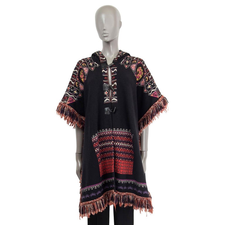 ETRO black and red wool 2017 FRINGED HOODED CAPE Poncho Jacket M For Sale  at 1stDibs