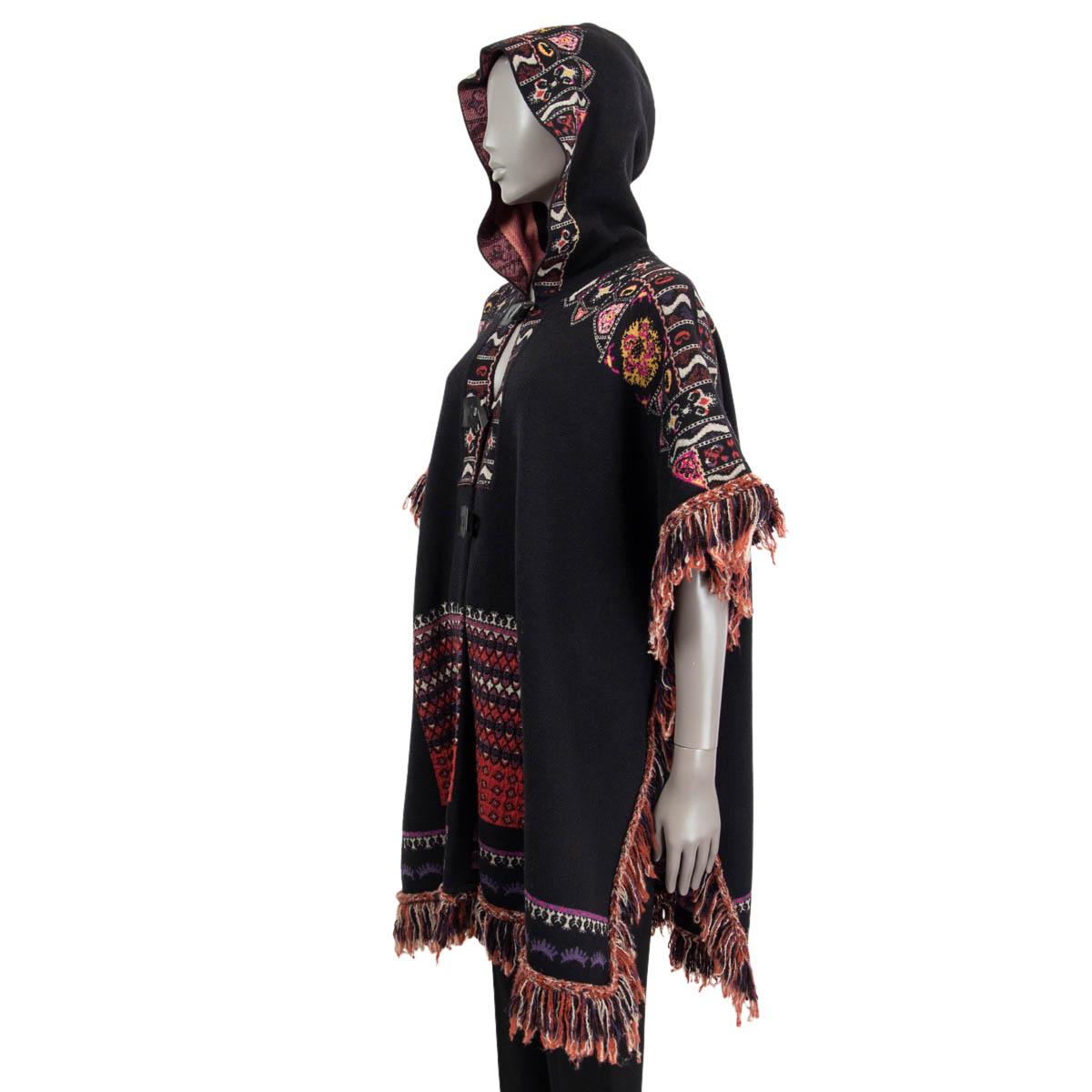 Women's ETRO black & red wool 2017 FRINGED HOODED CAPE Poncho Jacket M For Sale