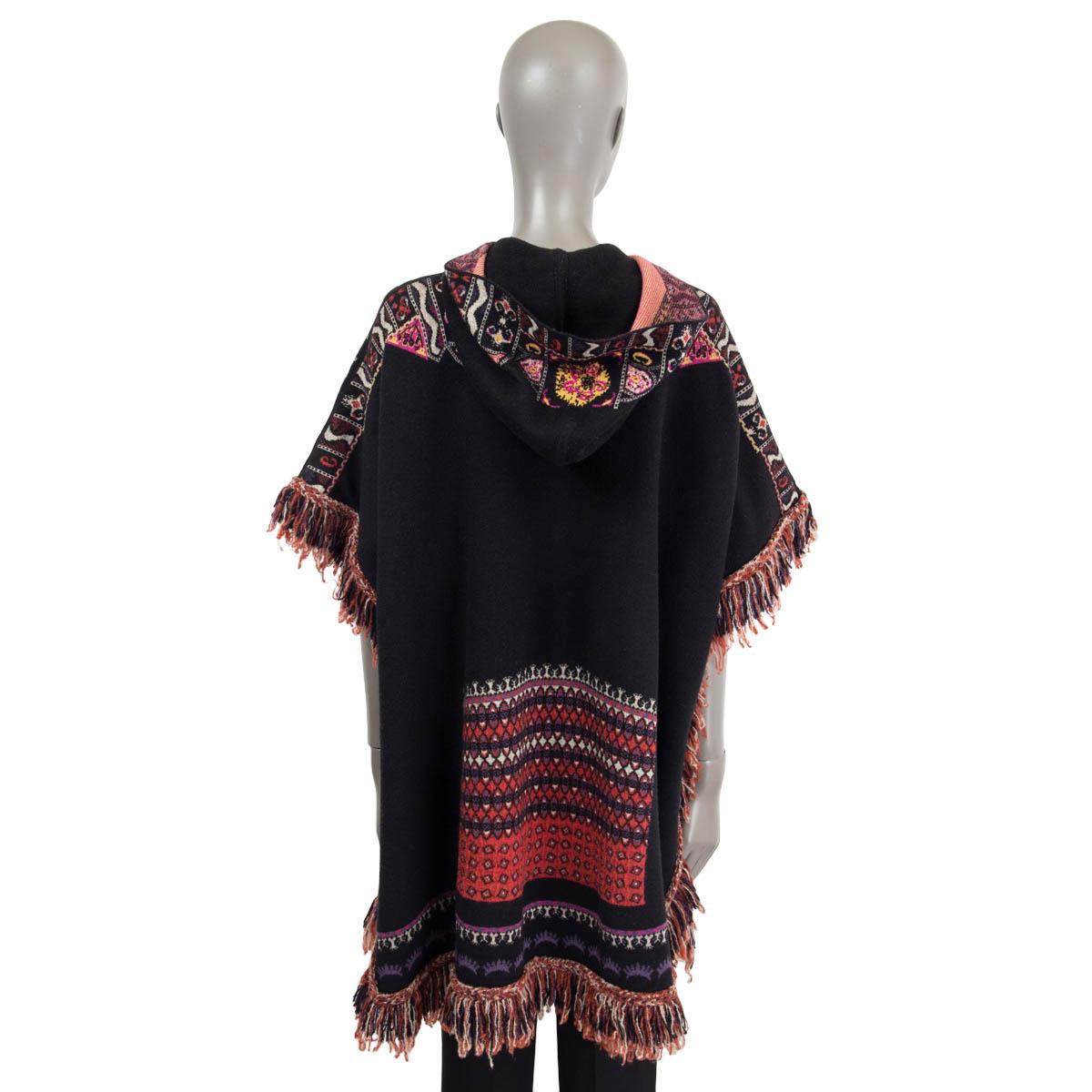 ETRO black & red wool 2017 FRINGED HOODED CAPE Poncho Jacket M For Sale 1