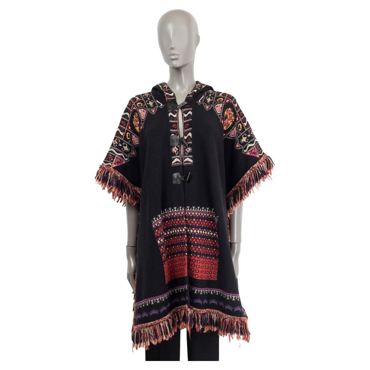 ETRO black & red wool 2017 FRINGED HOODED CAPE Poncho Jacket M For Sale