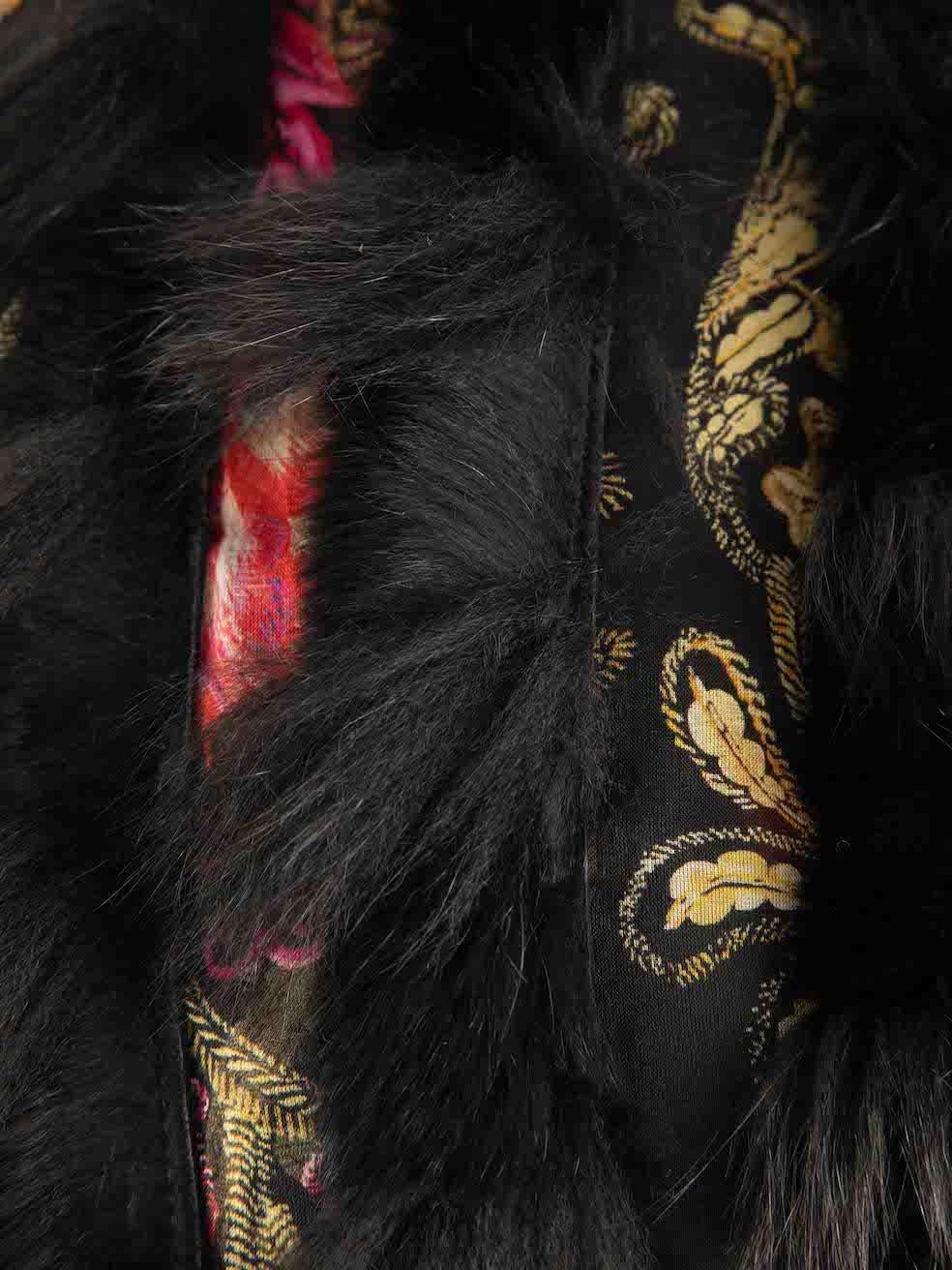 Etro Black Sheer Floral Print Fur Trim Scarf In Excellent Condition For Sale In London, GB