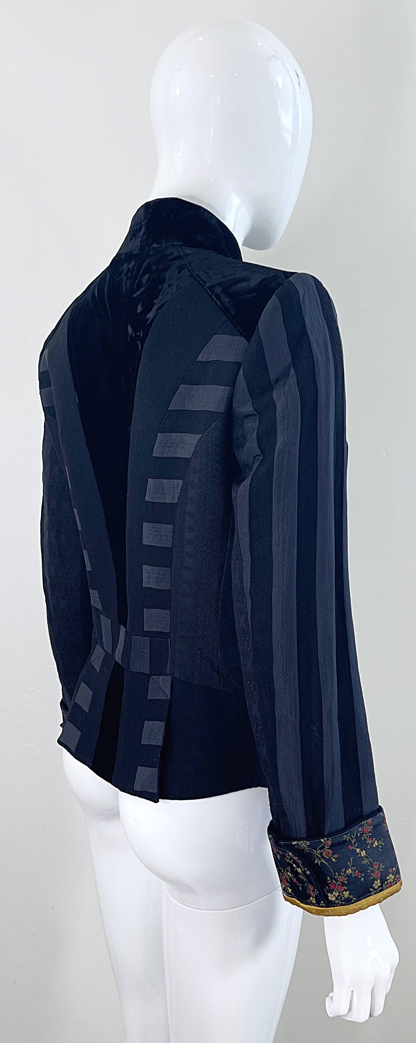 Etro Black Silk Blend Size 44 / US 8 Military Inspired Jacket w/ Flower Cuffs For Sale 8