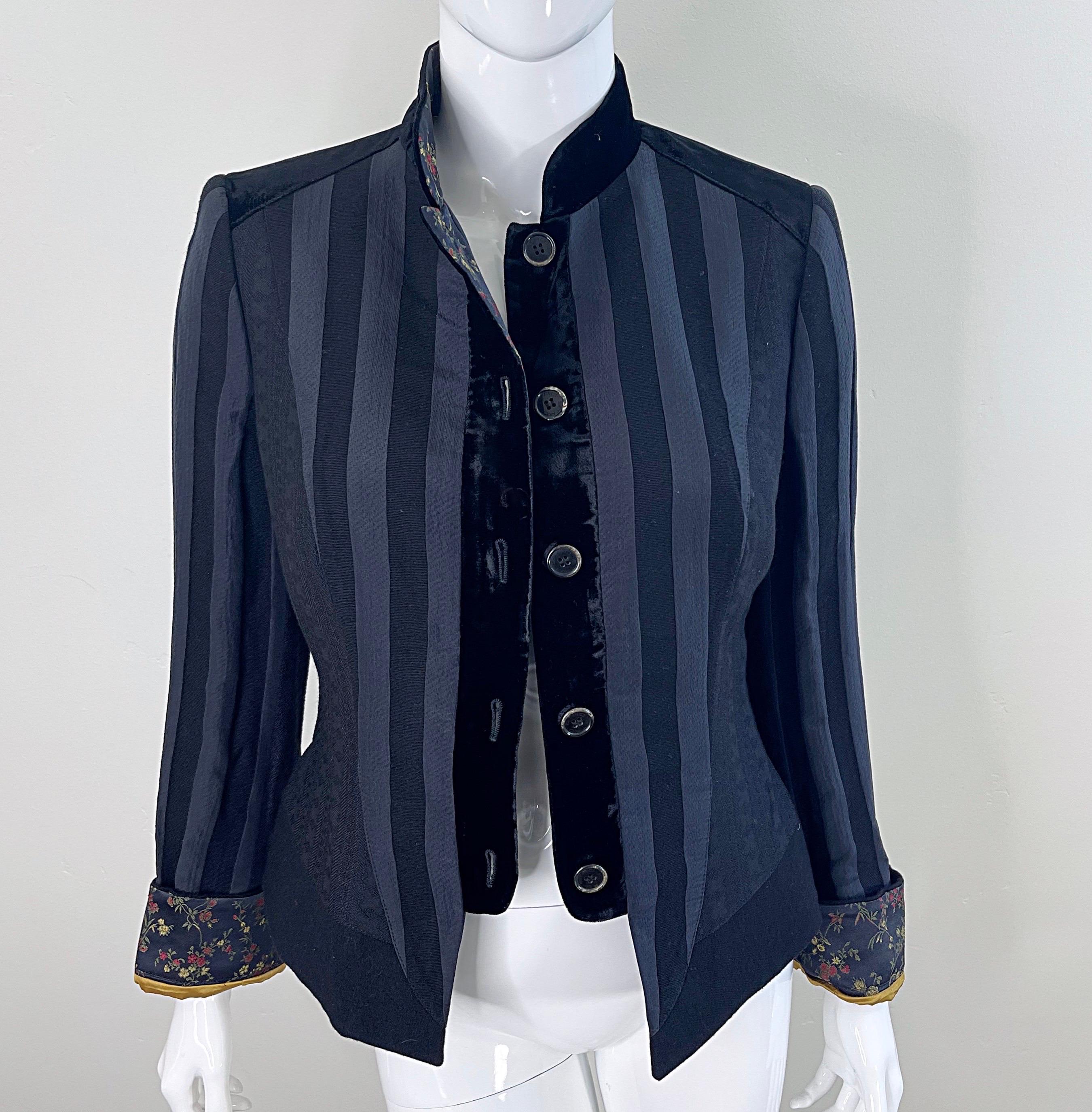 Etro Black Silk Blend Size 44 / US 8 Military Inspired Jacket w/ Flower Cuffs For Sale 11
