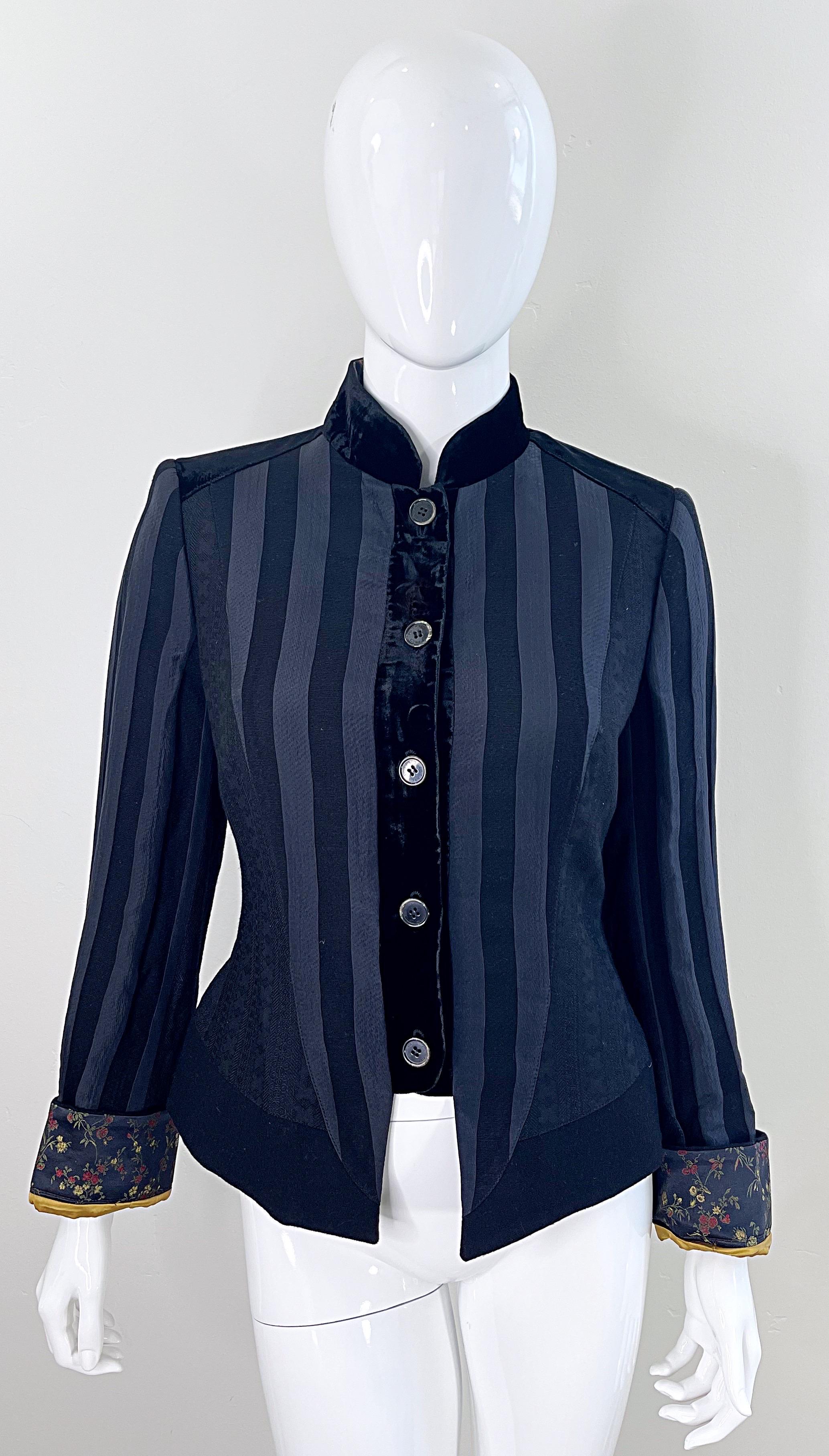 Etro Black Silk Blend Size 44 / US 8 Military Inspired Jacket w/ Flower Cuffs For Sale 12