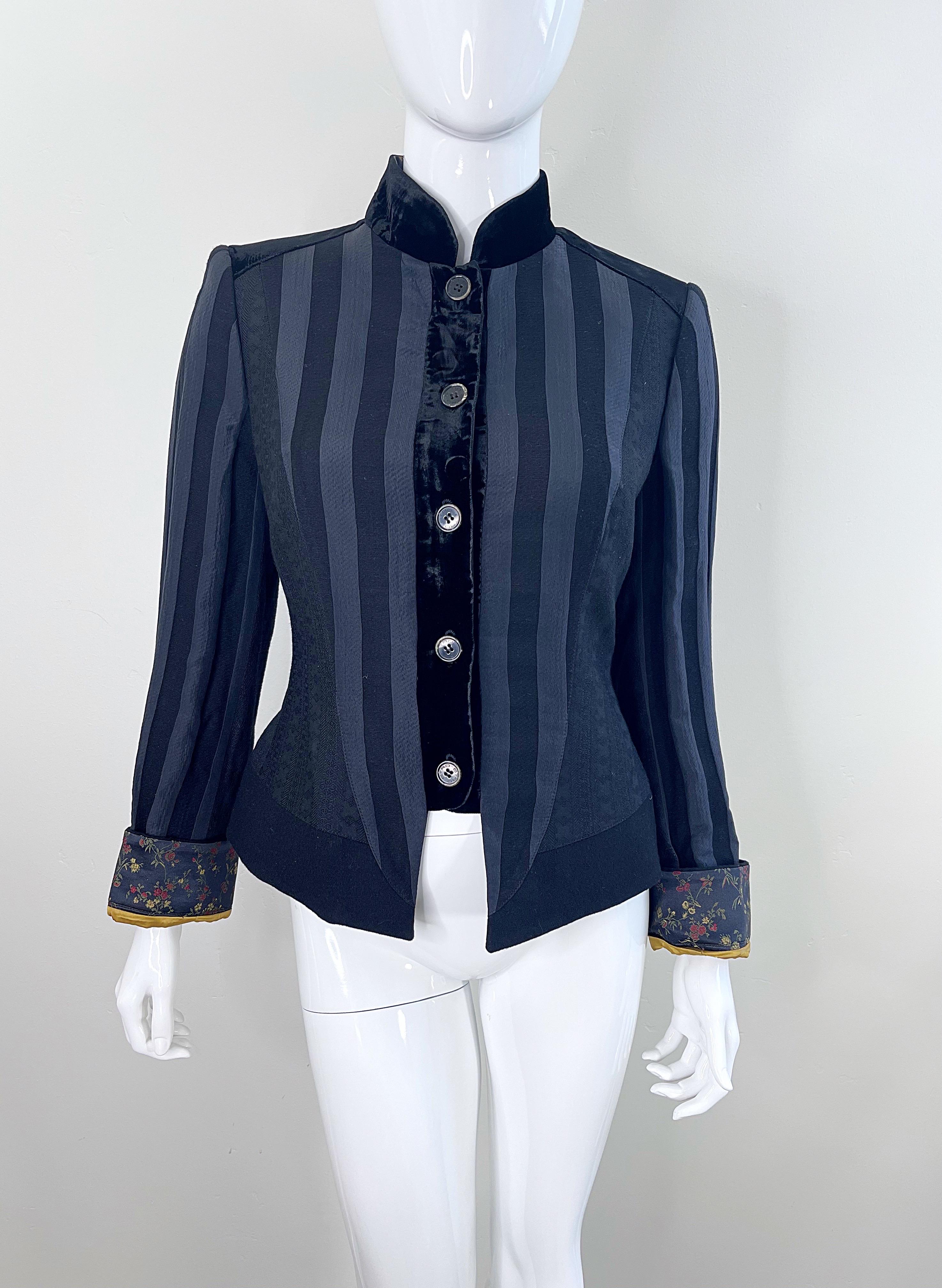 Etro Black Silk Blend Size 44 / US 8 Military Inspired Jacket w/ Flower Cuffs For Sale 2