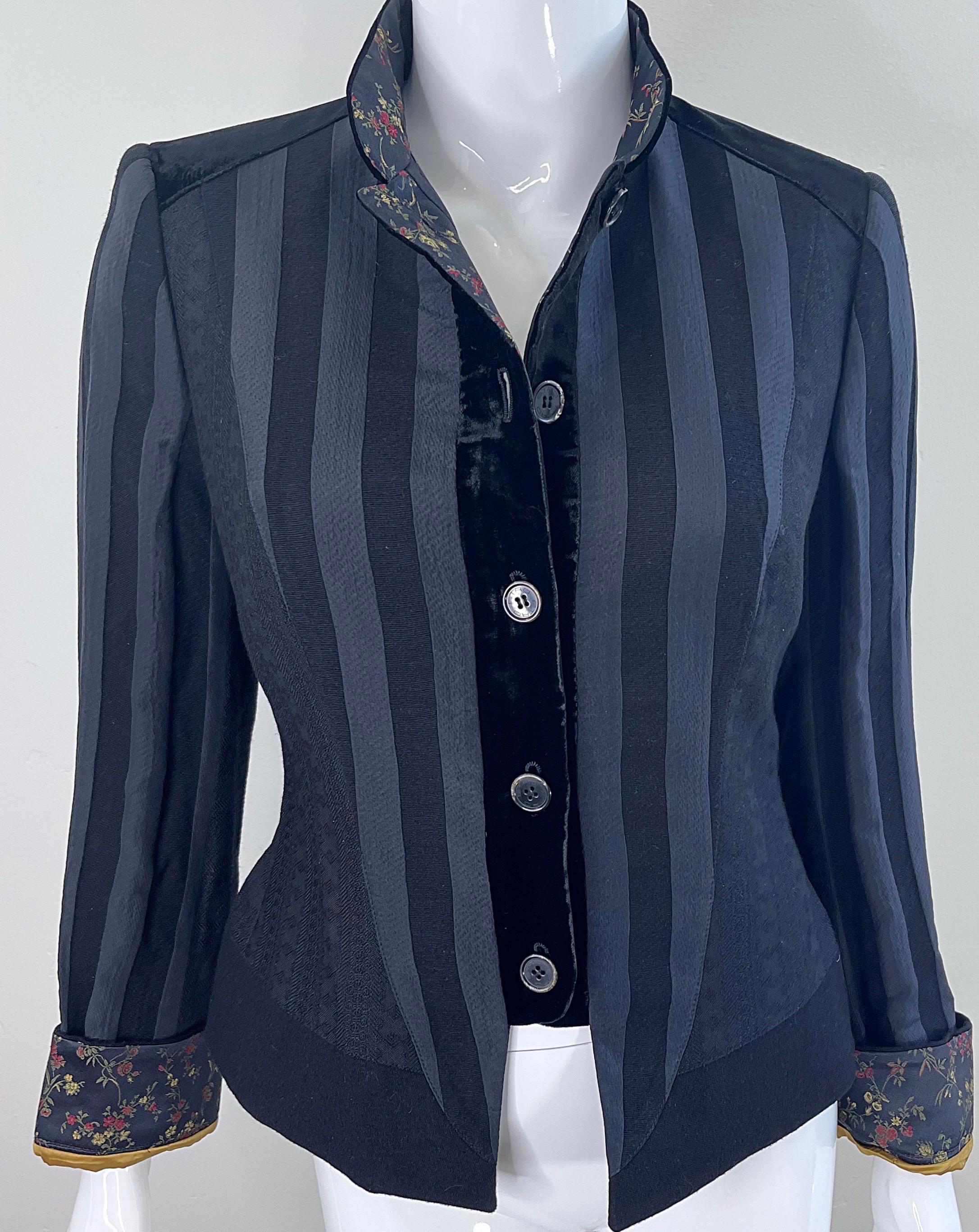 Etro Black Silk Blend Size 44 / US 8 Military Inspired Jacket w/ Flower Cuffs For Sale 3