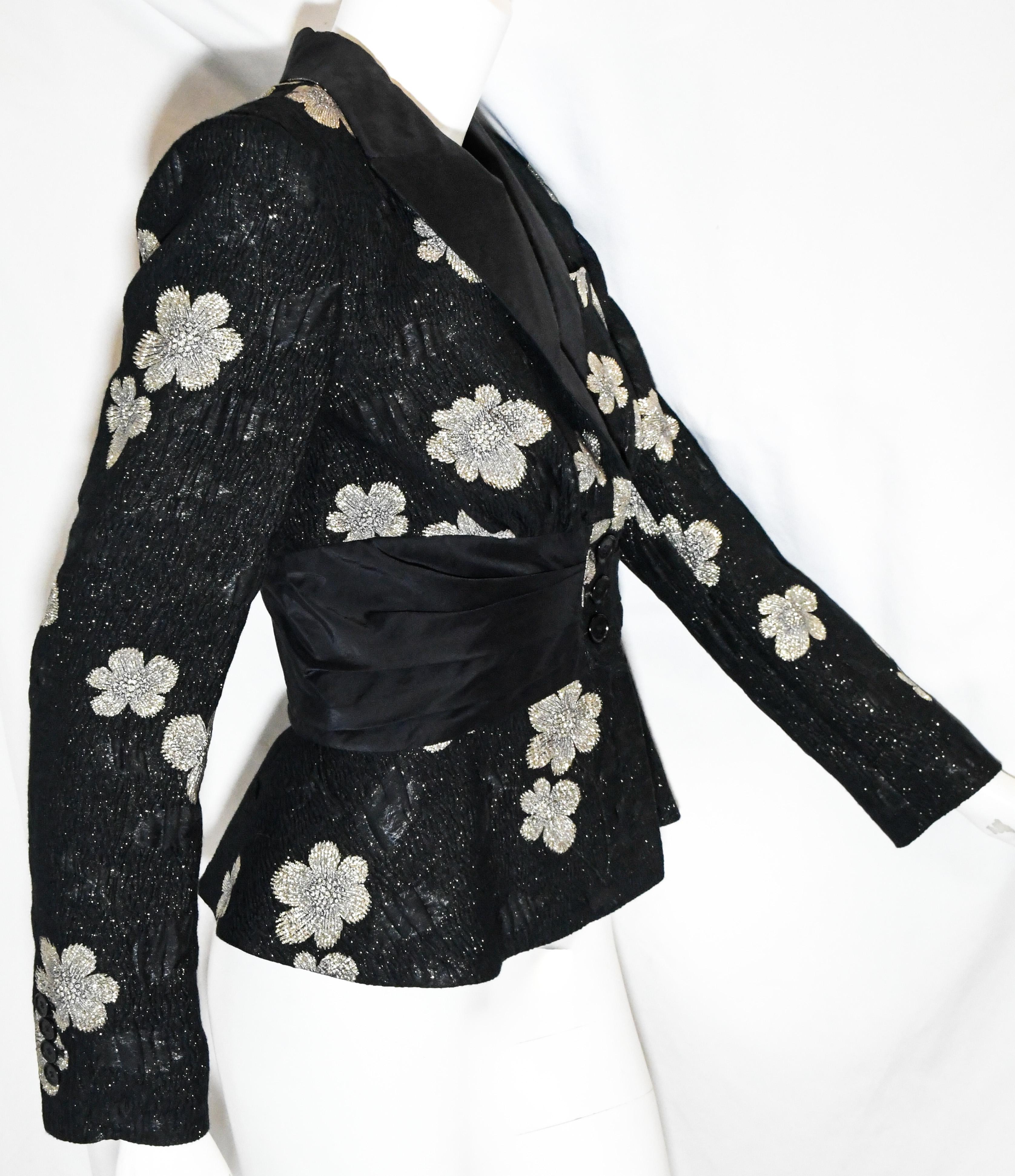 Etro Black & Silver Embroidered Jacket with Pleated Cinch Waist Band In Excellent Condition For Sale In Palm Beach, FL