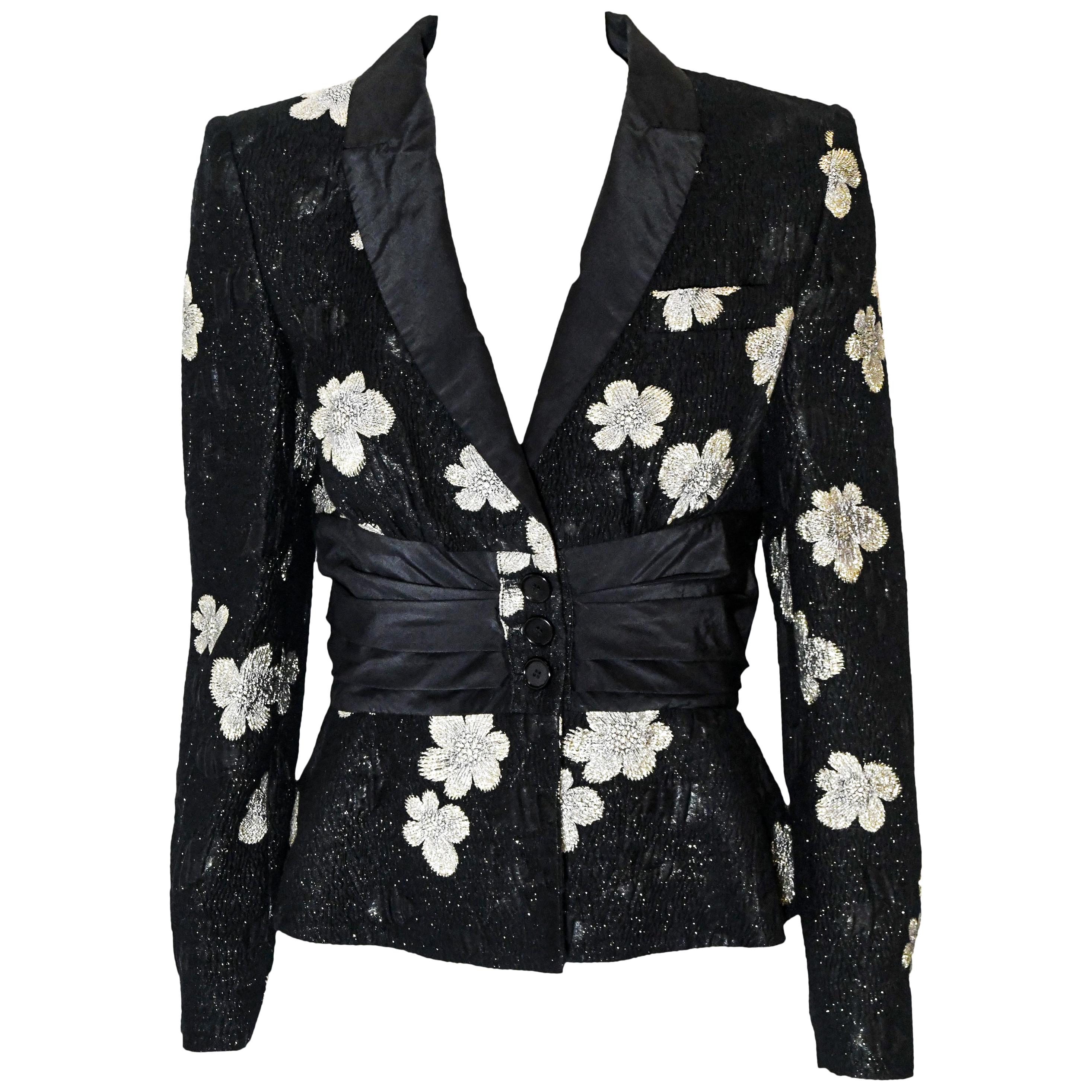 Etro Black & Silver Embroidered Jacket with Pleated Cinch Waist Band For Sale