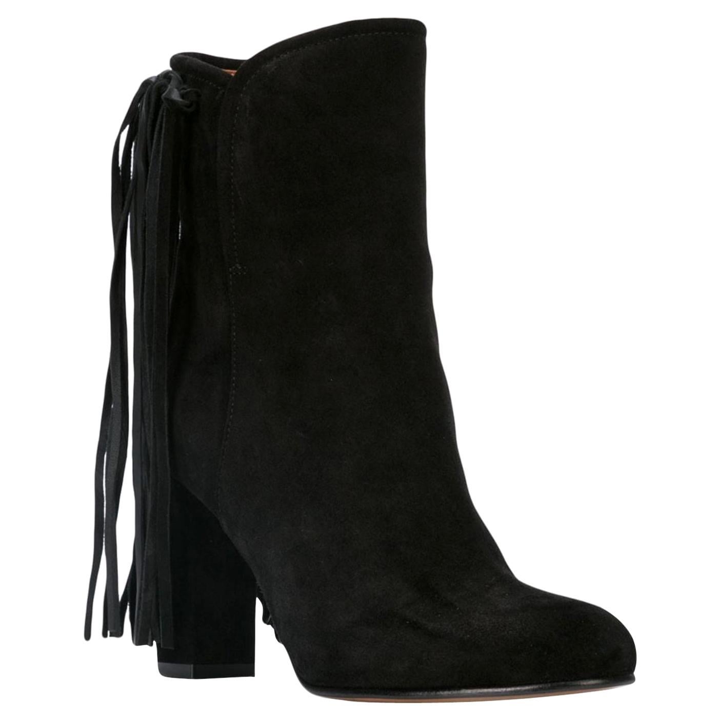 Etro Black Suede Fringe Pull-On Round Toe Ankle Boots Size 36.5 For Sale