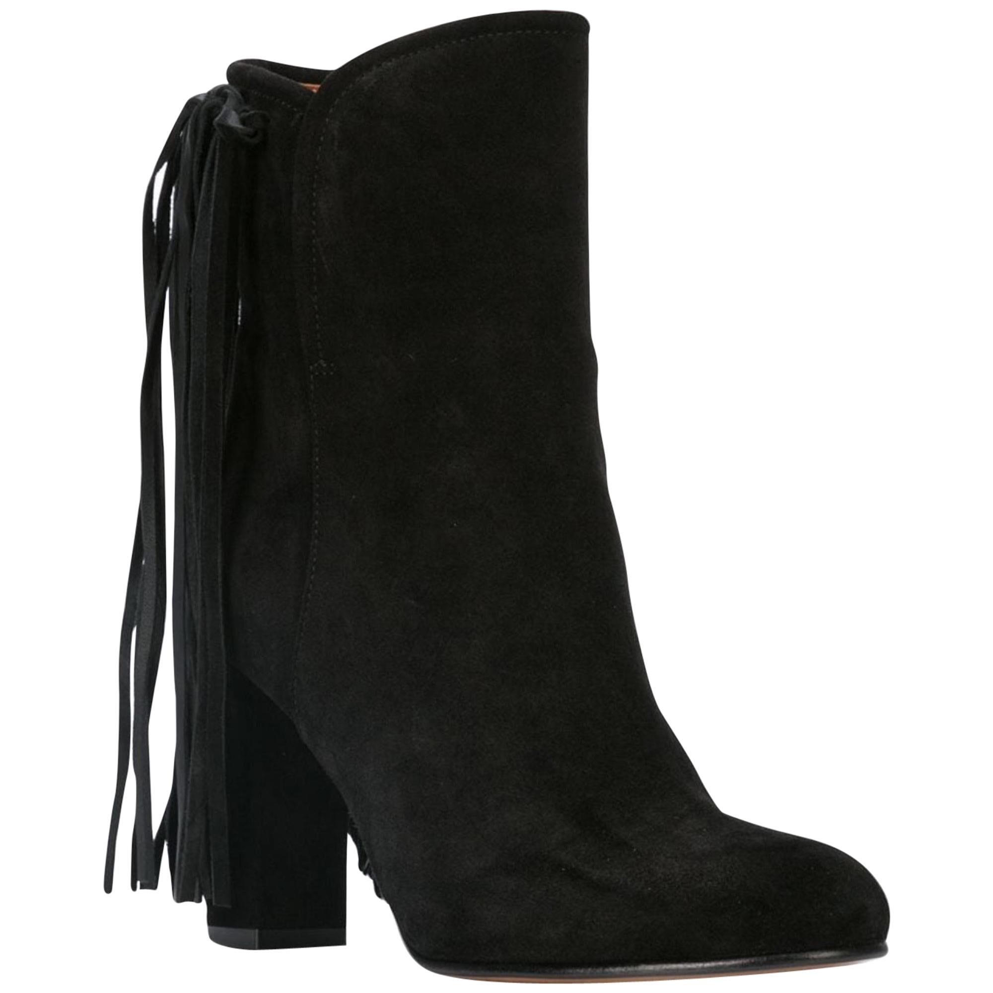 Etro Black Suede Fringe Pull-On Round Toe Ankle Boots Size 37