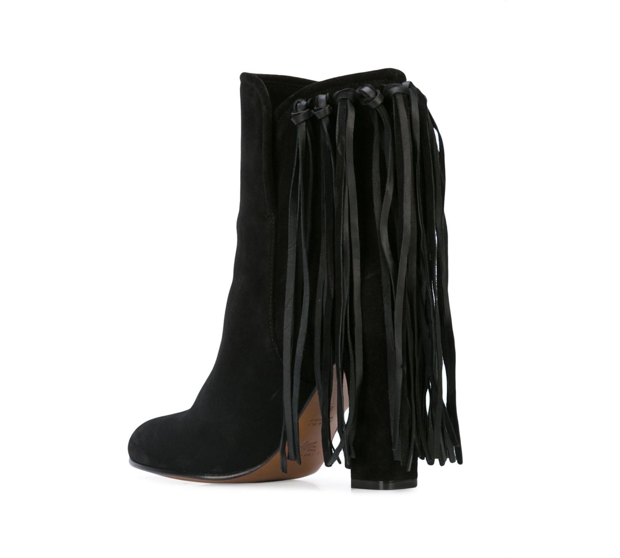 The Etro black suede ankle booties feature a fringed detailing, round toe, and a high block heel. A must-have boot to complete any boho-chic look. Brand new. Made in Italy.

Size: 38 (IT)

Material: Lining- Leather 100% / Sole- Leather 100% / Outer-