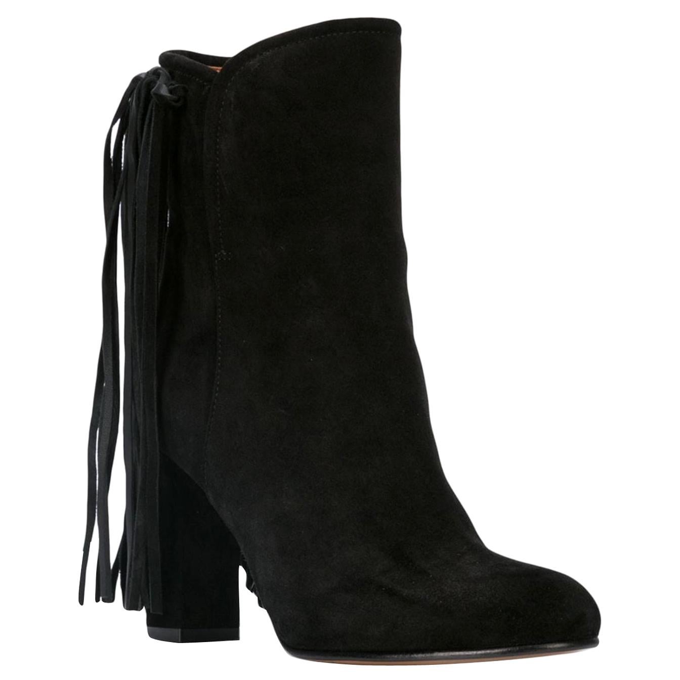 Etro Black Suede Fringe Pull-On Round Toe Ankle Boots Size 38.5