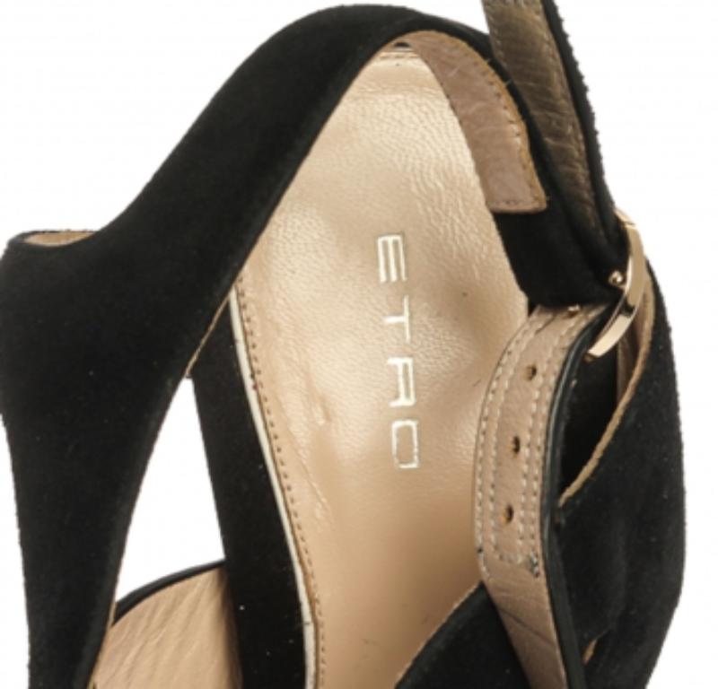 Etro Black Suede Leather And Pony Hair Pointed Toe Ankle Strap Sandals Size 40 For Sale 2