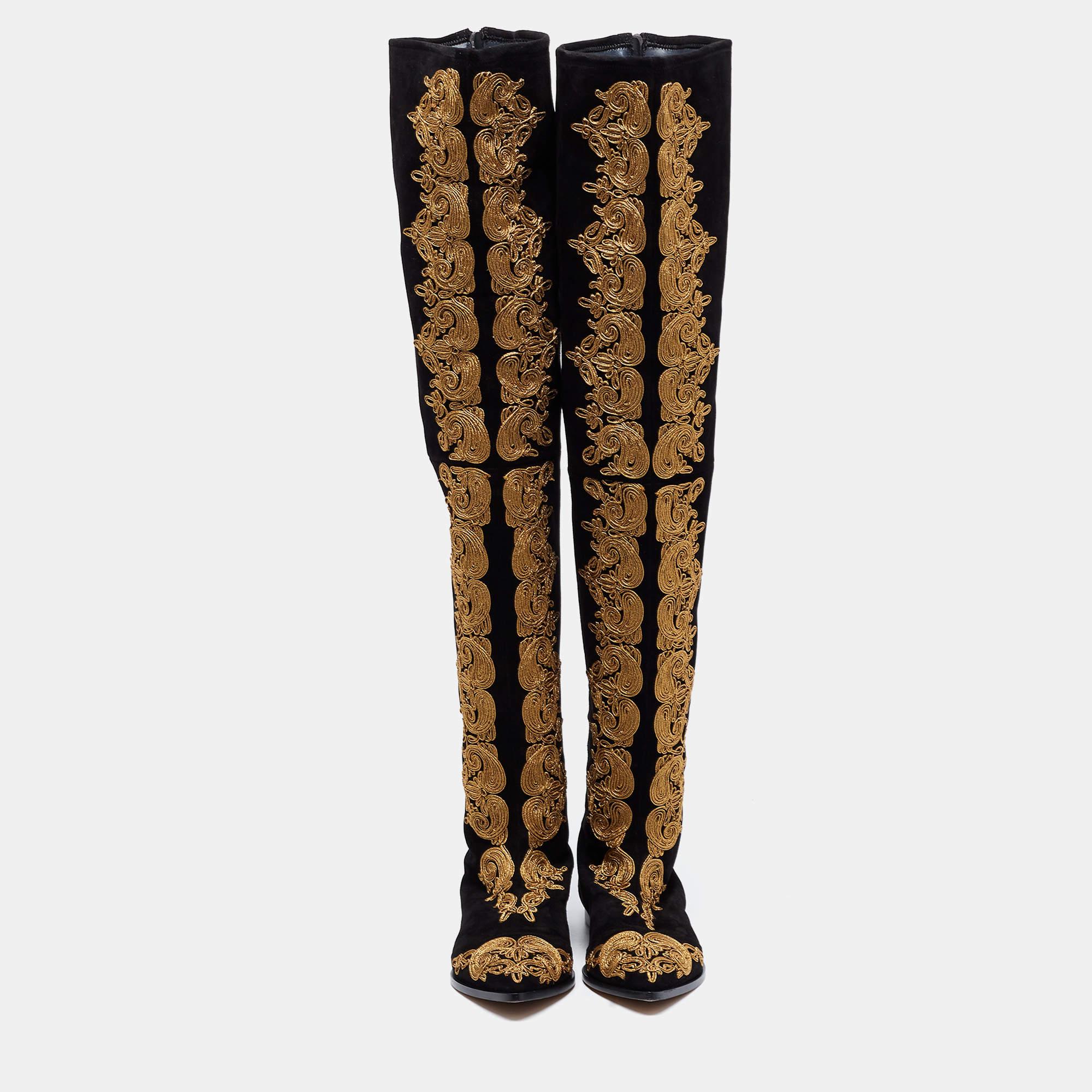 Etro brings you these boots to finish your looks in style and sophistication. They are made from black suede into a thigh-high silhouette and styled with Paisley embroidery. Wear them with casual outfits for a boho-chic look.

Includes: Original Box
