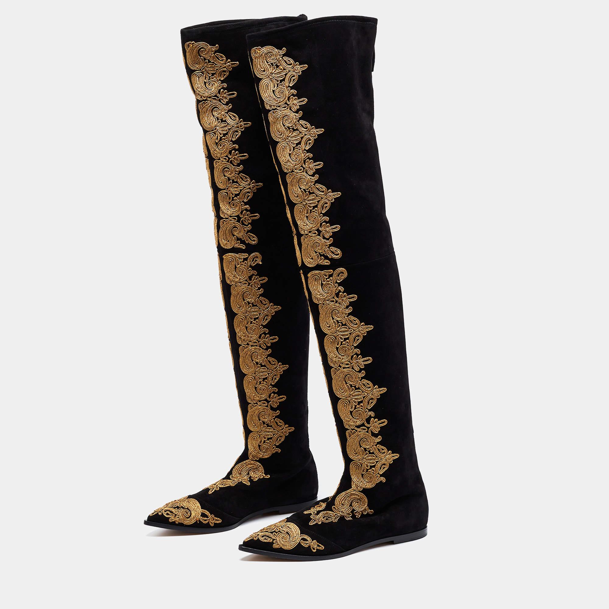 Etro Black Suede Paisley Embroidered Thigh-High Boots Size 38 In Good Condition In Dubai, Al Qouz 2