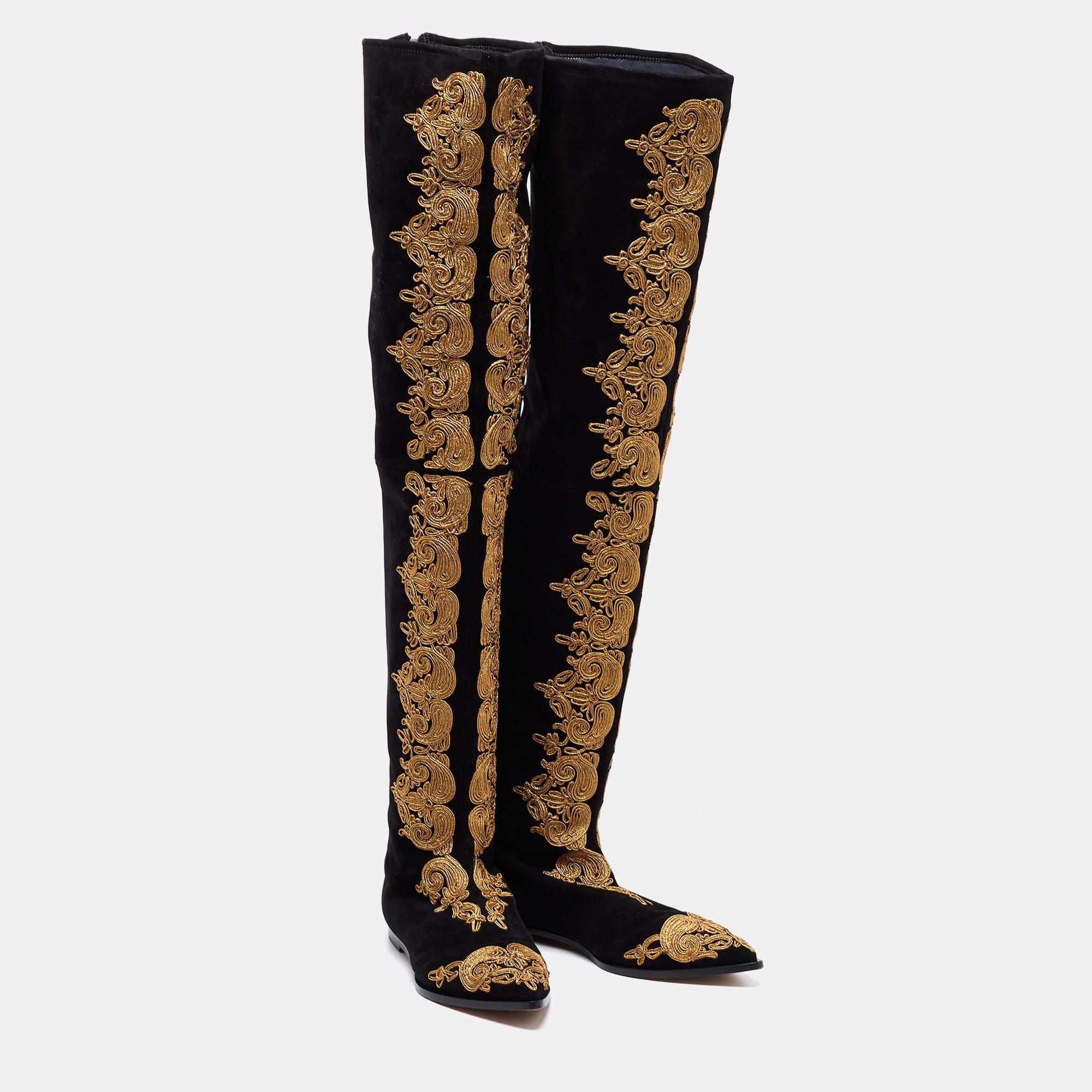 Women's Etro Black Suede Paisley Embroidered Thigh-High Boots Size 38