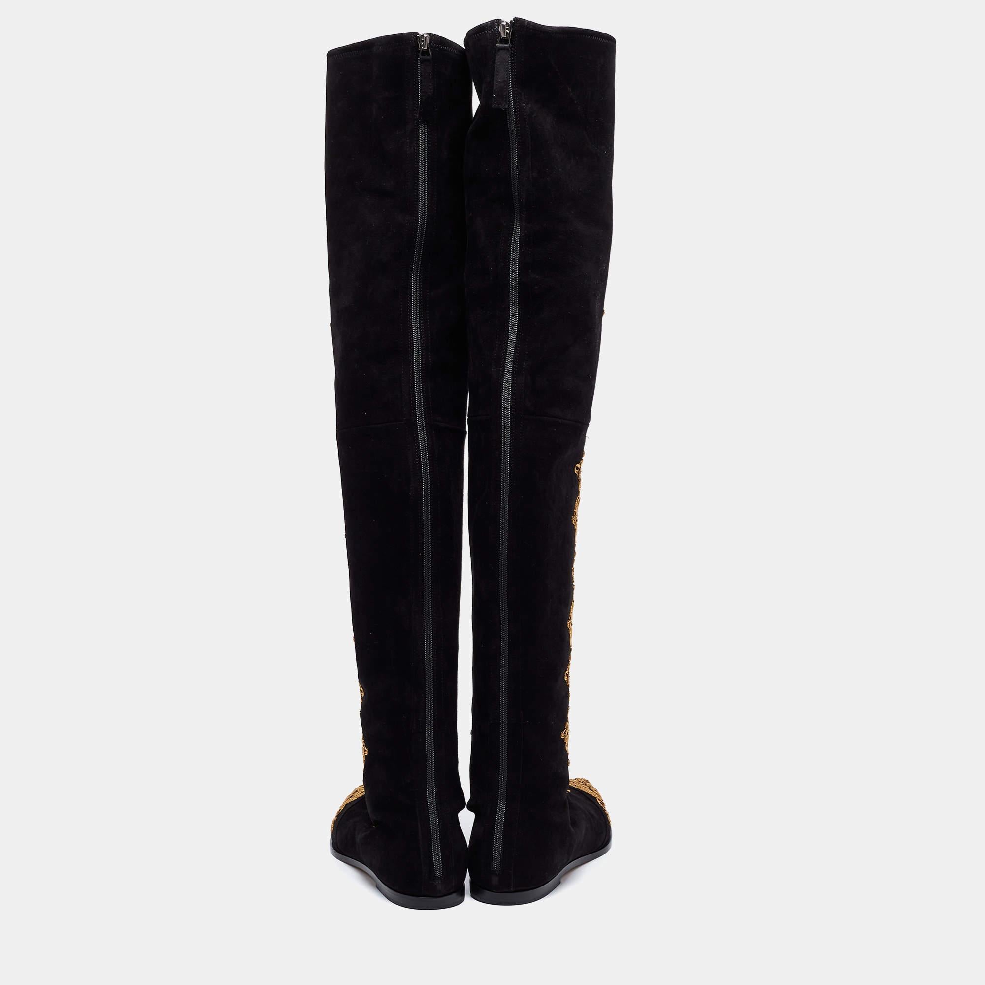Etro Black Suede Paisley Embroidered Thigh-High Boots Size 38 1