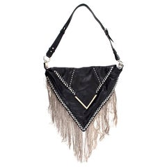 Etro Black Triangle Fringed Studded Leather Bag
