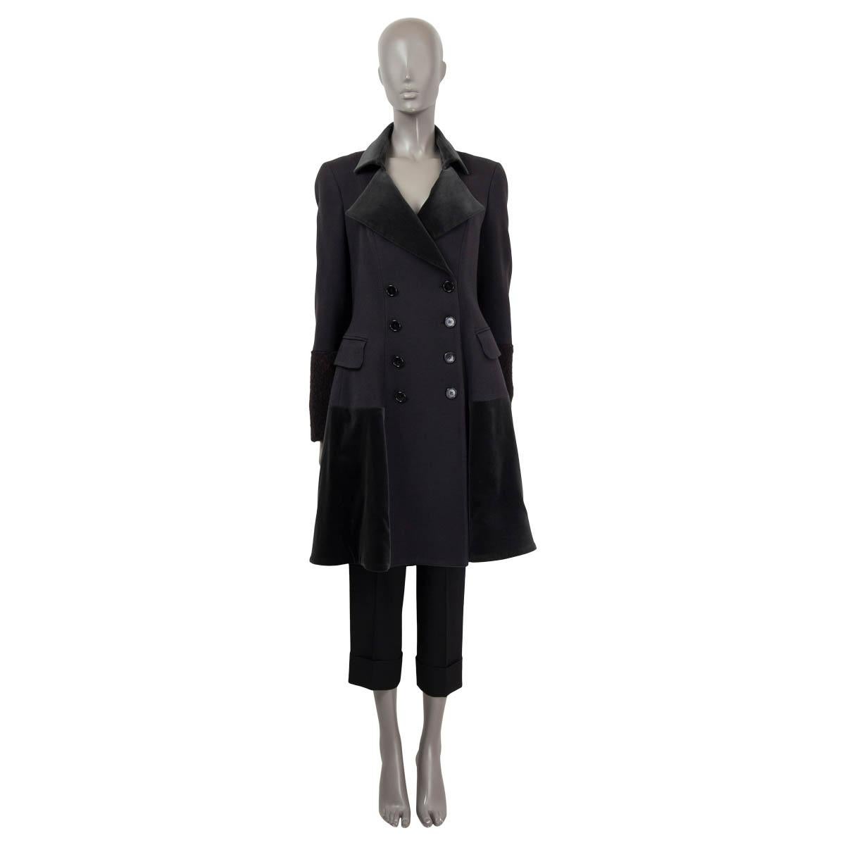 100% authentic Etro double-breasted coat in black and  gray-green wool (65%), cotton (21%), viscose (9%) and alpaca (5%). Features velvet inserts and alpaca on the sleeves and two flap pockets. Closes with buttons on the front. Lined in gray-green