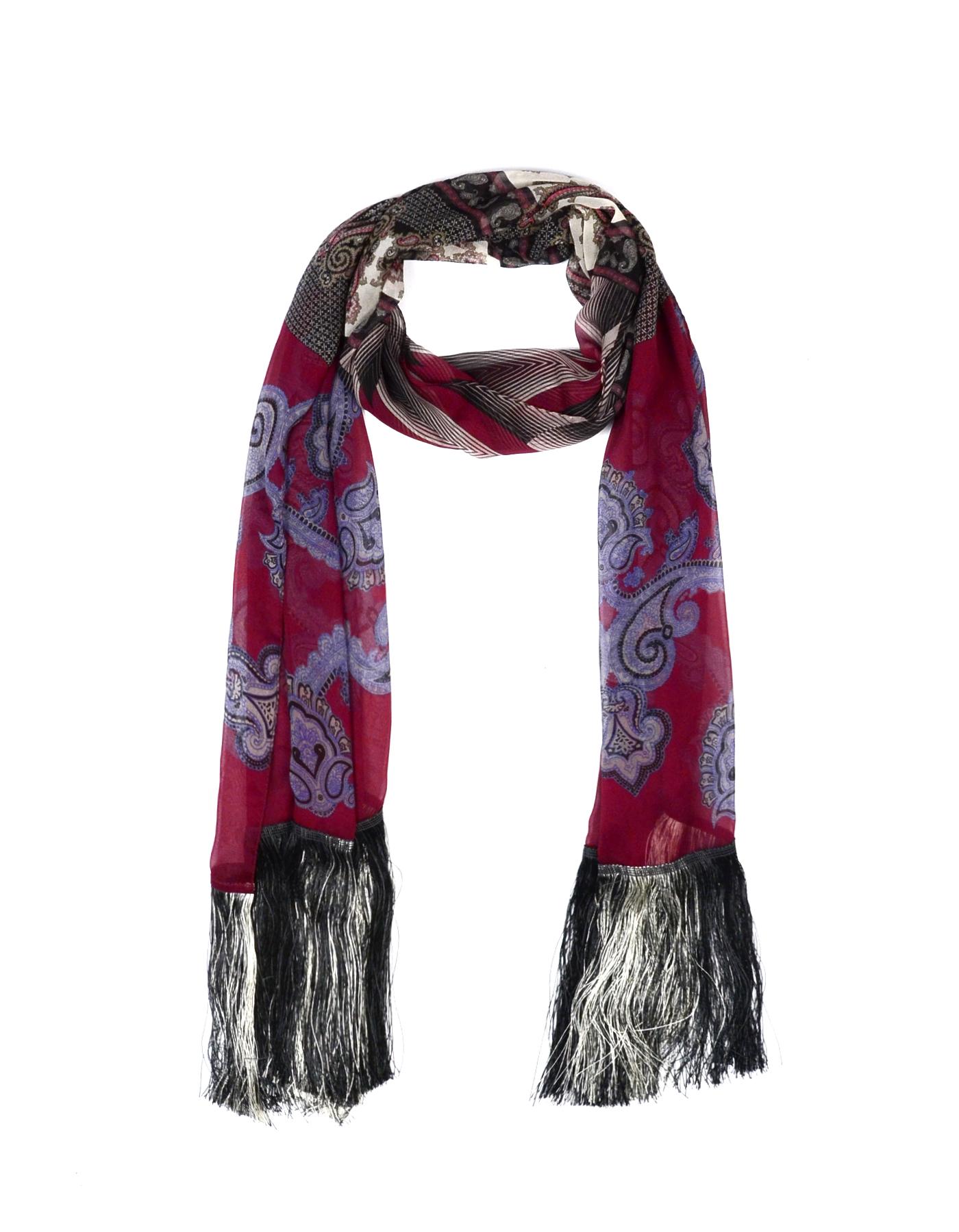 Etro Blue/Burgundy Silk Paisley Scarf W/ Fringe

Made In: Italy
Color: Blue/burgundy 
Materials: 100% silk, fringe- 100% acetate
Overall Condition: Excellent pre-owned condition 

Measurements: 
26