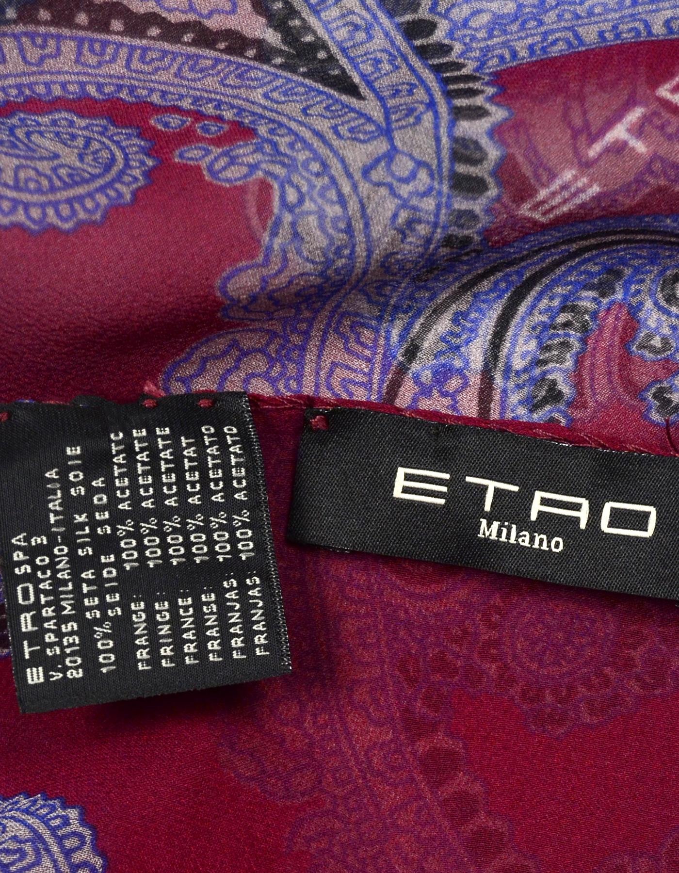 Etro Blue/Burgundy Silk Paisley Scarf W/ Fringe In Excellent Condition In New York, NY
