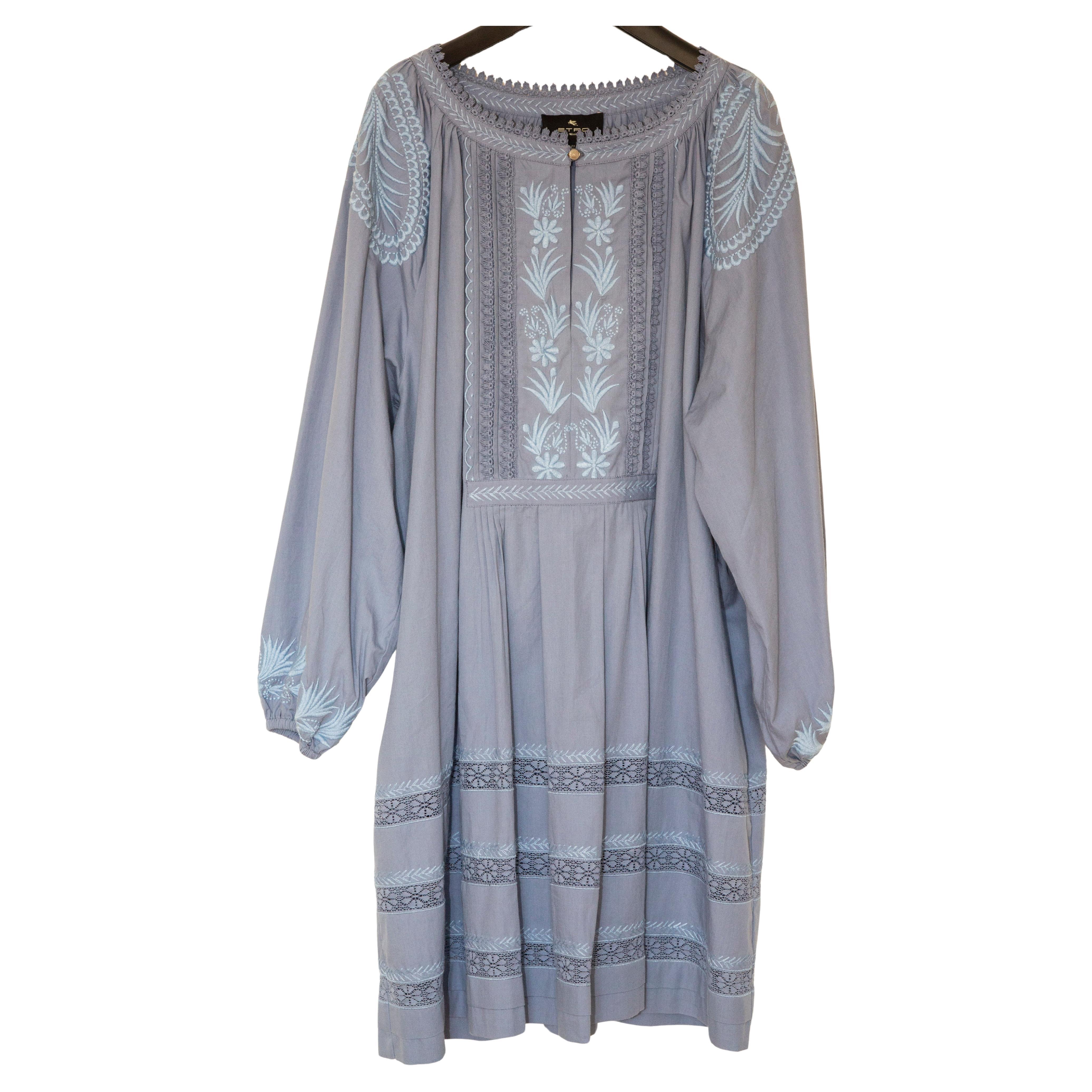 ETRO Blue Embrioded Cotton Dress Size IT 44